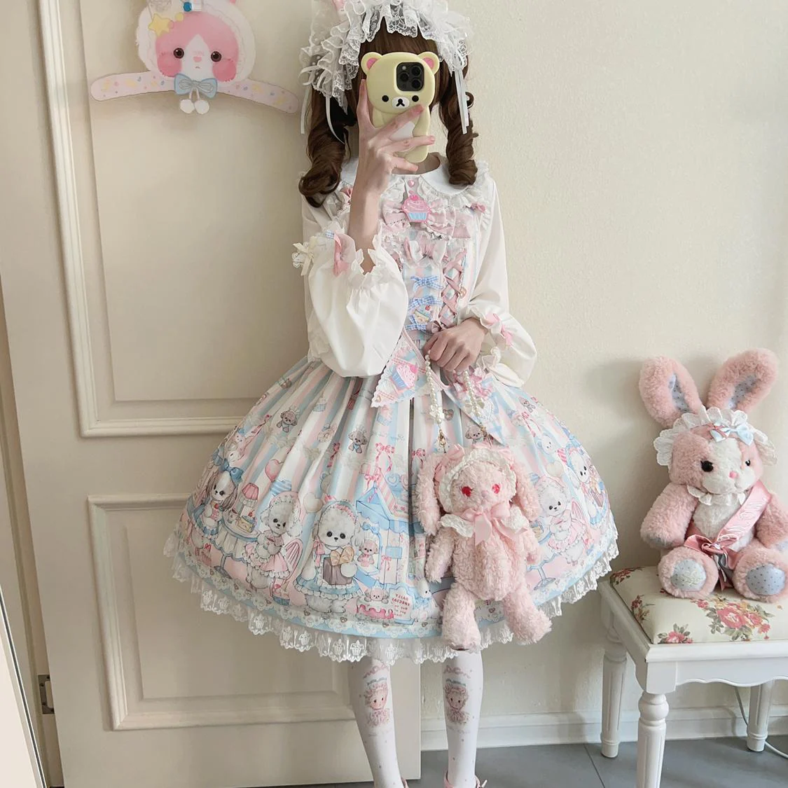 Hanguliang - Sweet Tea Party - Kawaii Lolita JSK Puppy Printed Dress with Sash - Image 5
