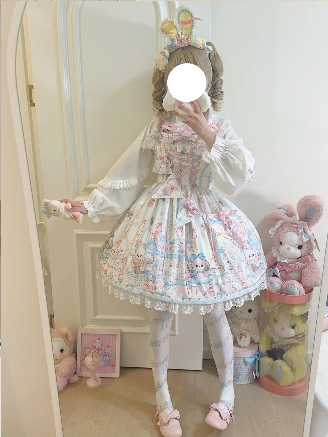 Hanguliang - Sweet Tea Party - Kawaii Lolita JSK Puppy Printed Dress with Sash - Image 7