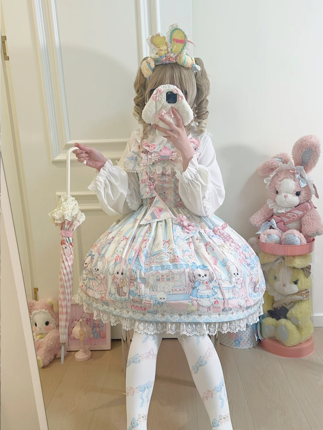 Hanguliang - Sweet Tea Party - Kawaii Lolita JSK Puppy Printed Dress with Sash - Image 9
