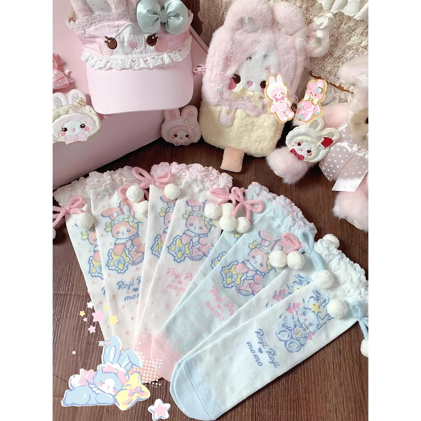 Roji Roji - Kawaii Lolita Mid-Calf Socks, Rabbit Print - Image 7