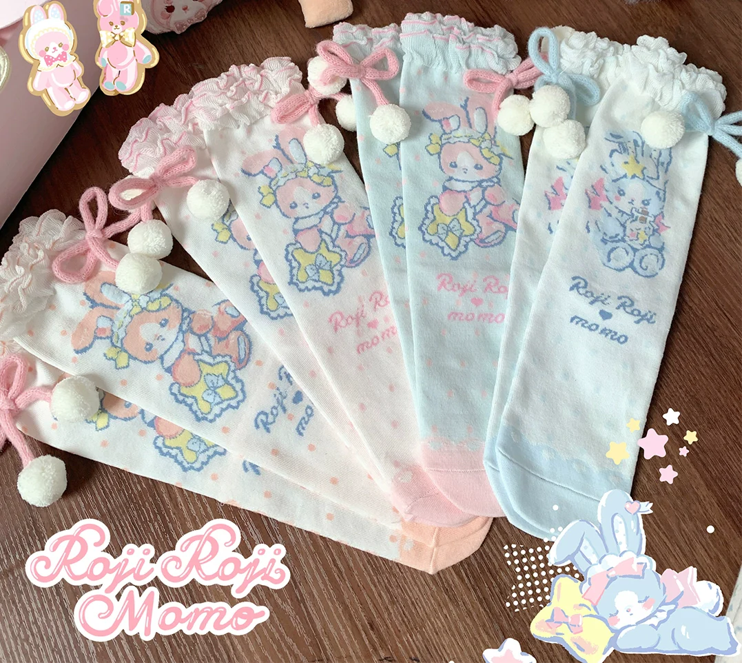 Roji Roji - Kawaii Lolita Mid-Calf Socks, Rabbit Print - Image 9