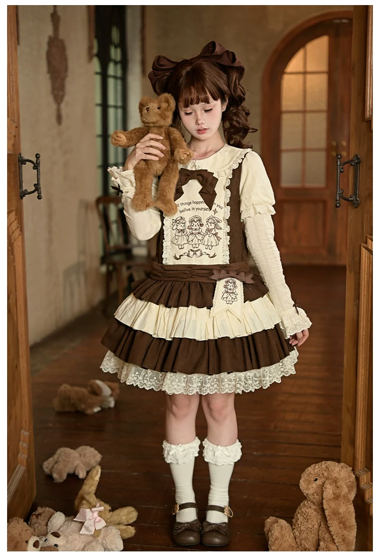 With PUJI - Sugar Frost Tale - Kawaii Lolita OP Button Closure Dress, Lamb & Bunny Embroidery - Image 14
