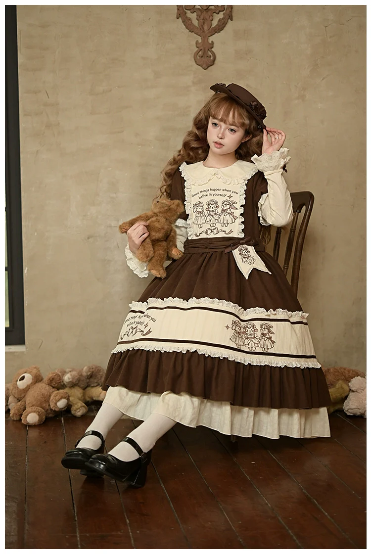 With PUJI - Sugar Frost Tale - Kawaii Lolita OP Button Closure Dress, Lamb & Bunny Embroidery - Image 19