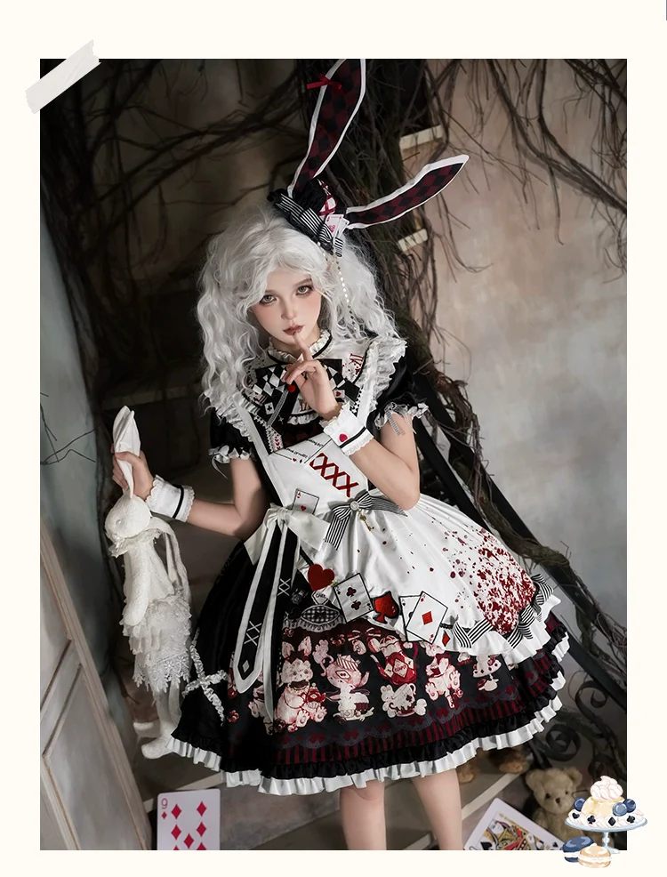 Alice - Kawaii Lolita OP Dress, Rabbit & Playing Card Motifs - Image 19