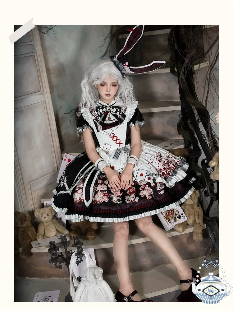 Alice - Kawaii Lolita OP Dress, Rabbit & Playing Card Motifs - Image 22