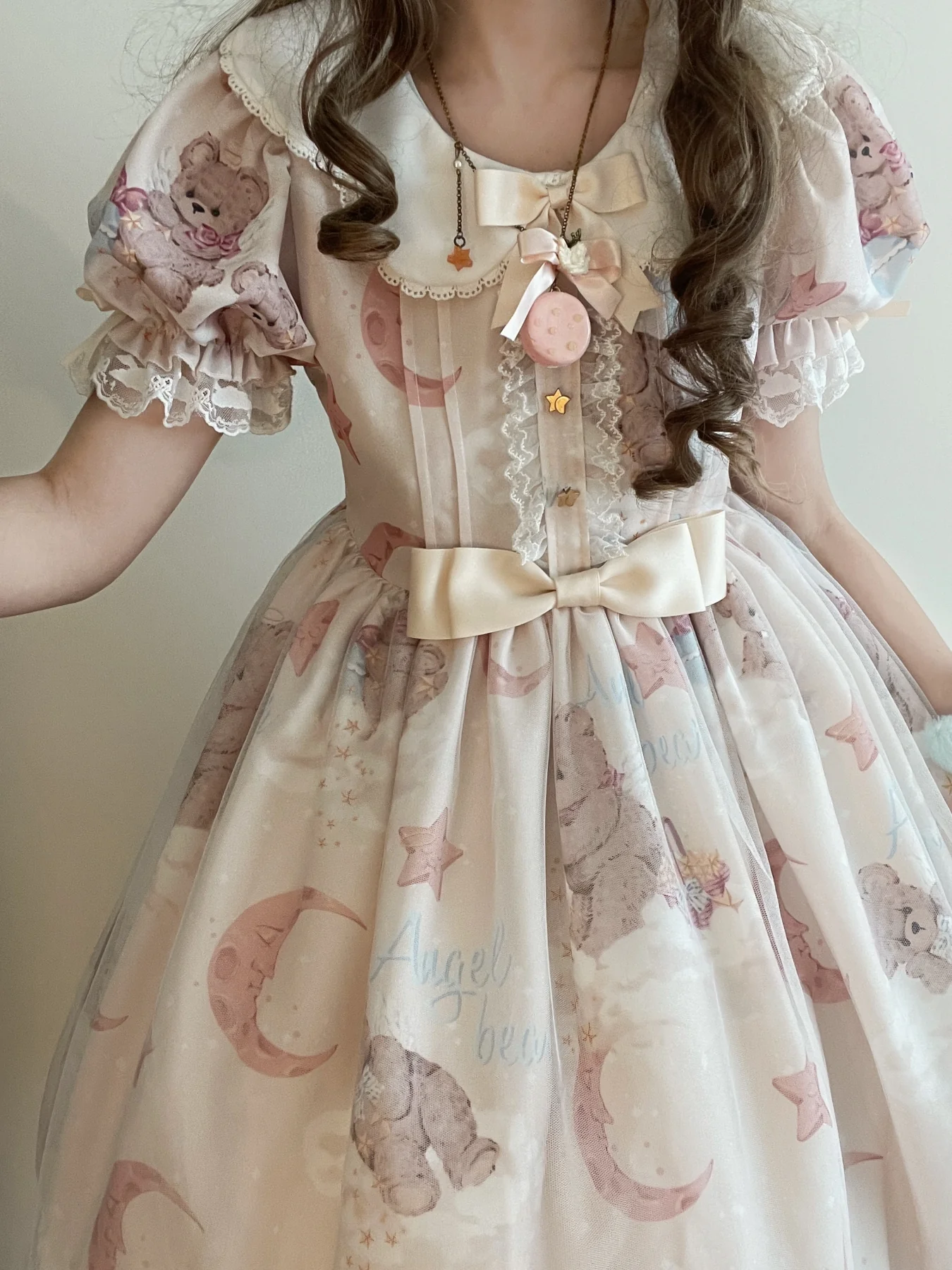 Starry Wish Bear 2.0 - Kawaii Lolita OP Dress with Short Puffy Sleeves - Image 10