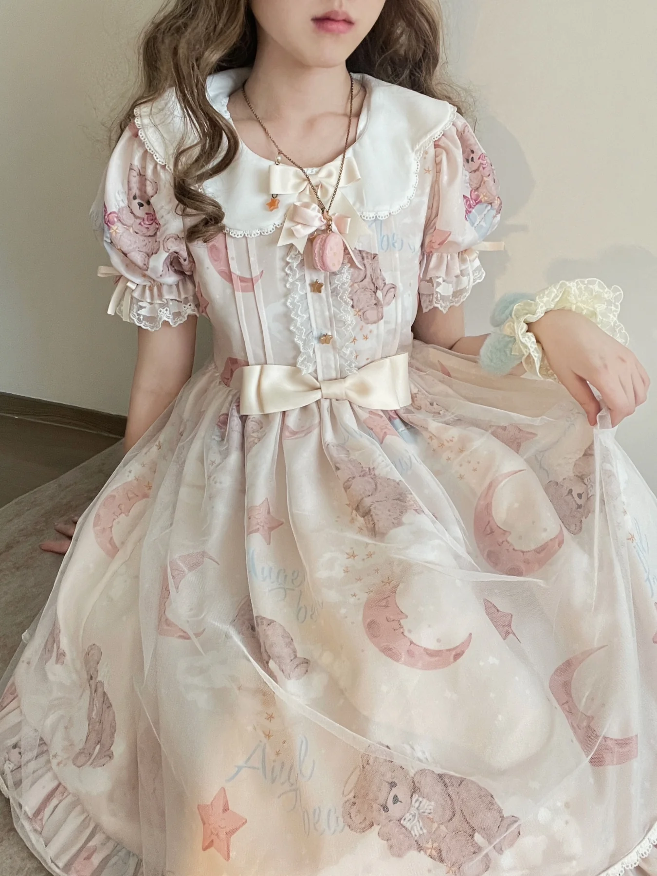 Starry Wish Bear 2.0 - Kawaii Lolita OP Dress with Short Puffy Sleeves - Image 11