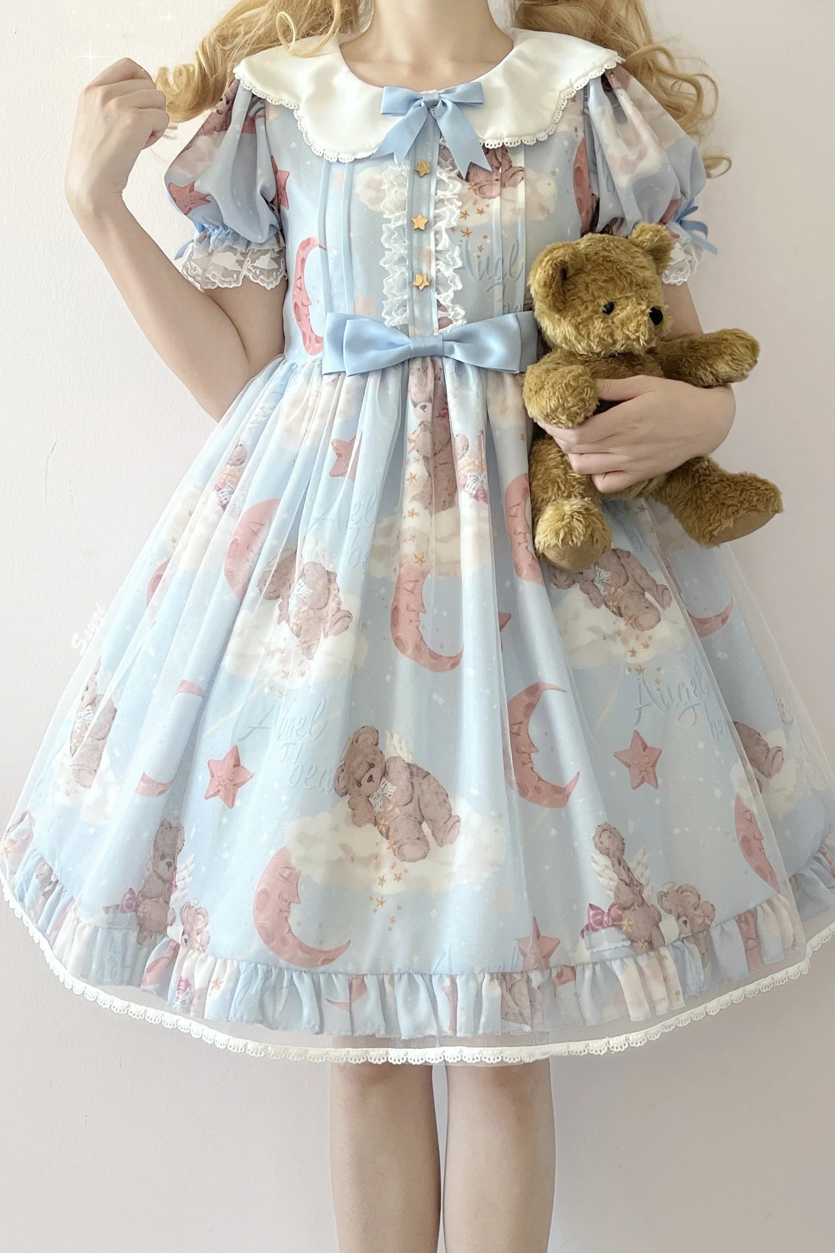 Starry Wish Bear 2.0 - Kawaii Lolita OP Dress with Short Puffy Sleeves - Image 15