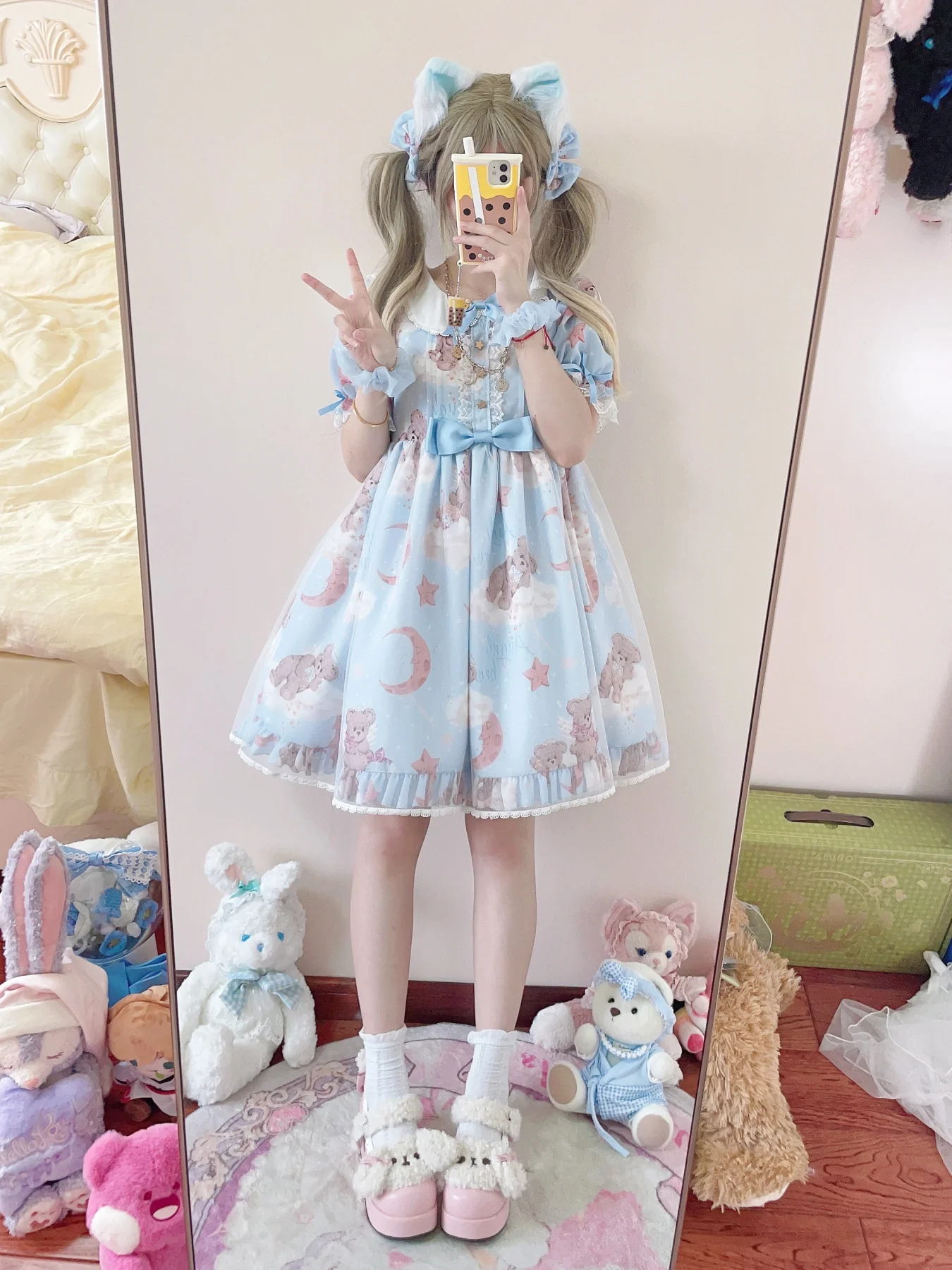 Starry Wish Bear 2.0 - Kawaii Lolita OP Dress with Short Puffy Sleeves - Image 16
