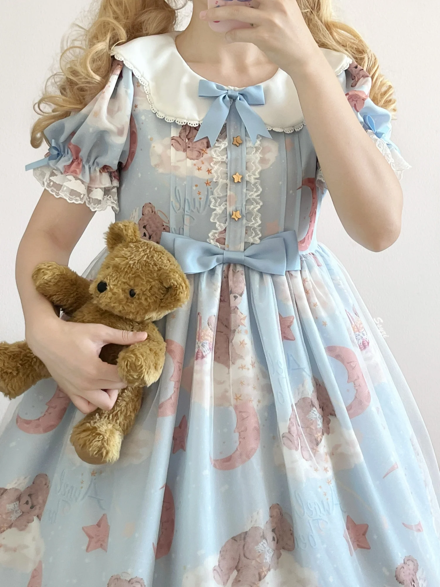 Starry Wish Bear 2.0 - Kawaii Lolita OP Dress with Short Puffy Sleeves - Image 19