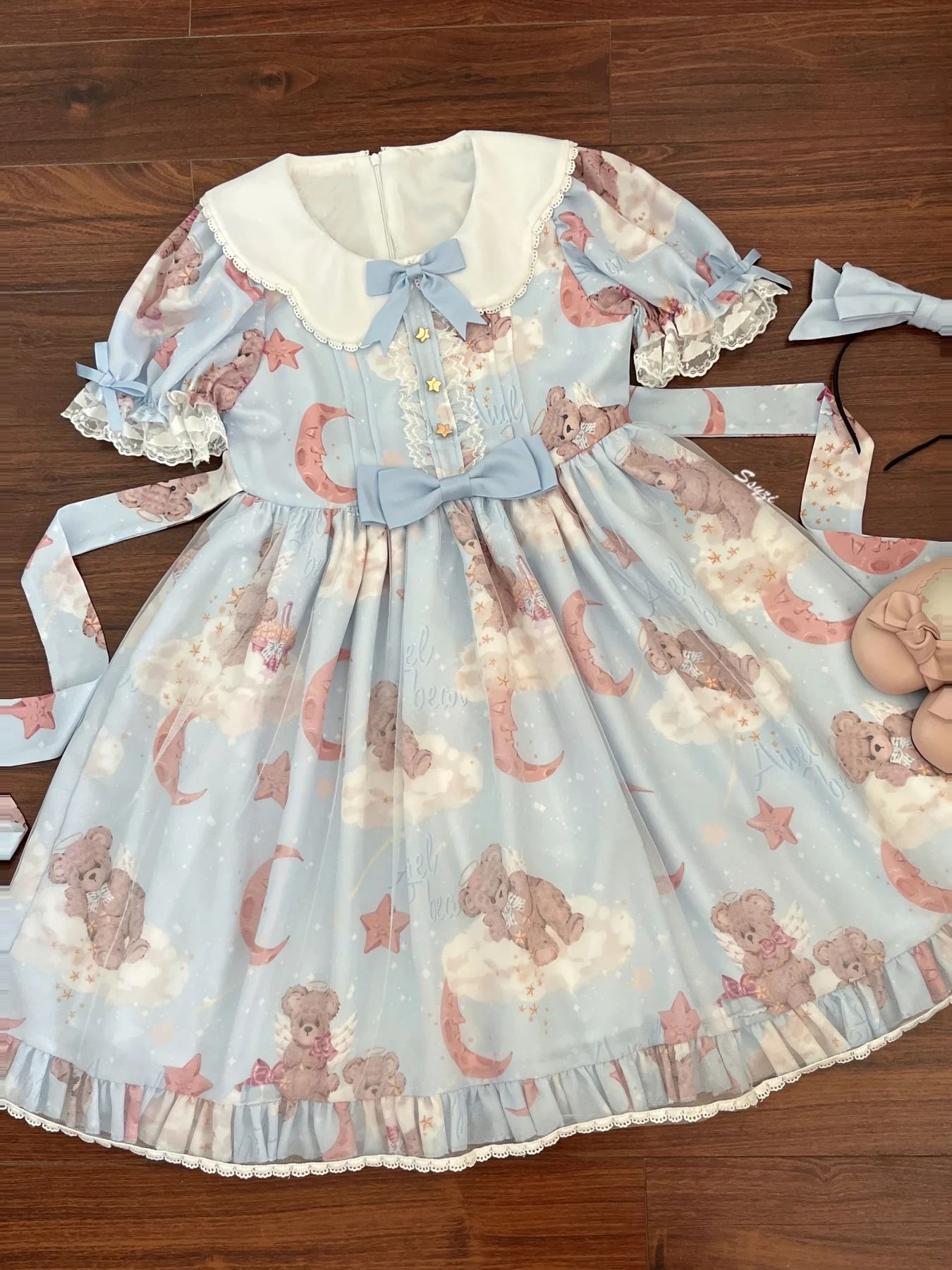 Starry Wish Bear 2.0 - Kawaii Lolita OP Dress with Short Puffy Sleeves - Image 22