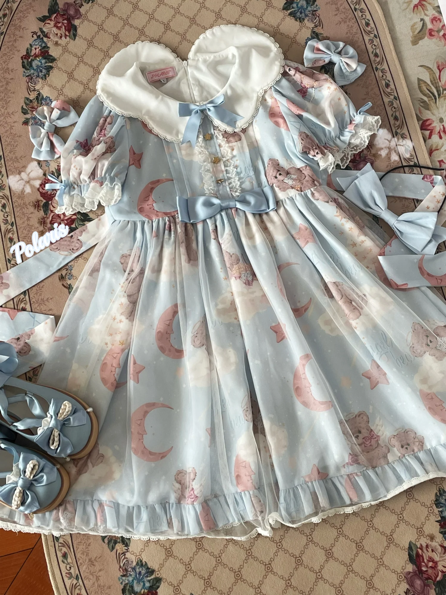 Starry Wish Bear 2.0 - Kawaii Lolita OP Dress with Short Puffy Sleeves - Image 23