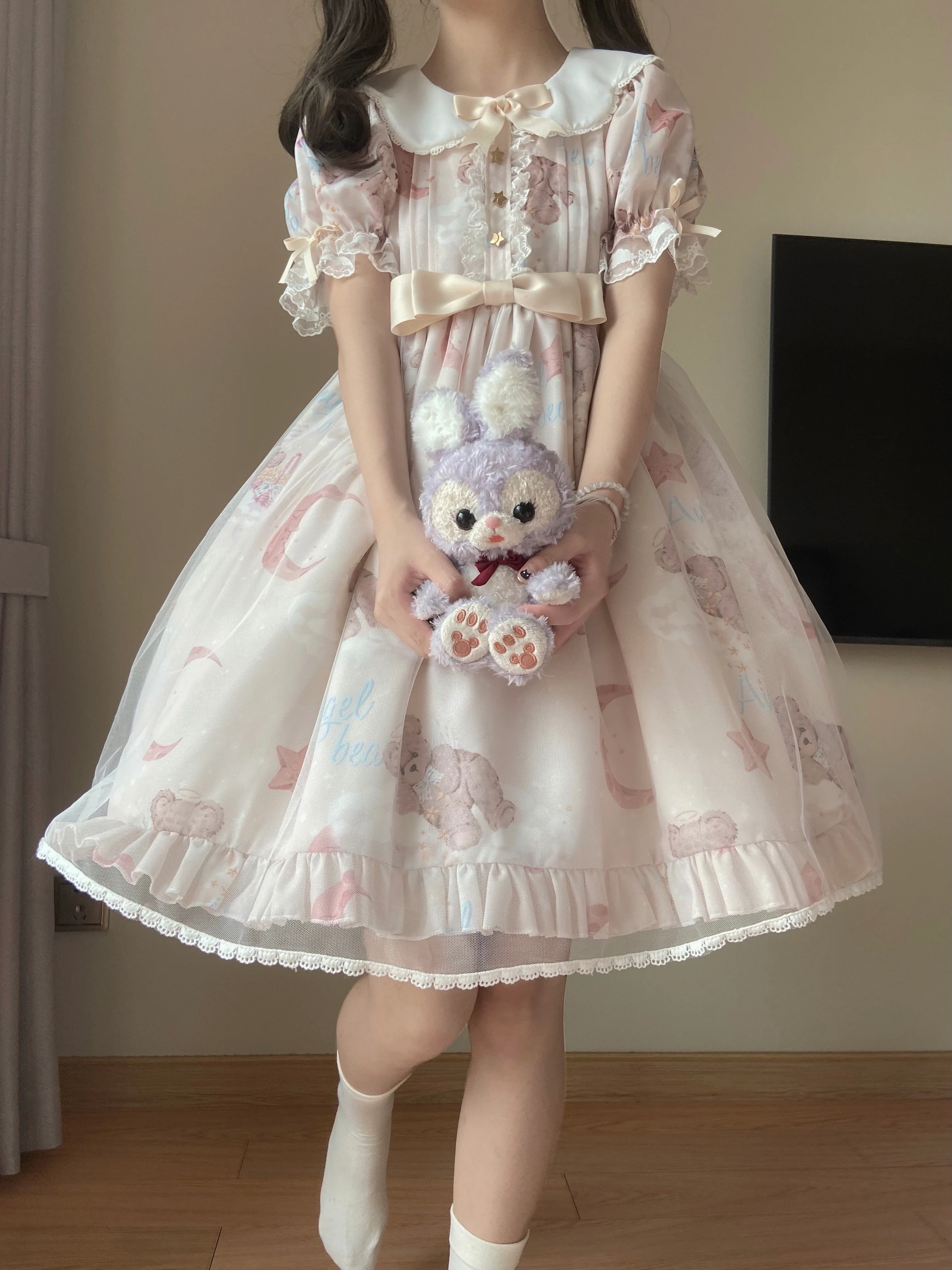 Starry Wish Bear 2.0 - Kawaii Lolita OP Dress with Short Puffy Sleeves - Image 9
