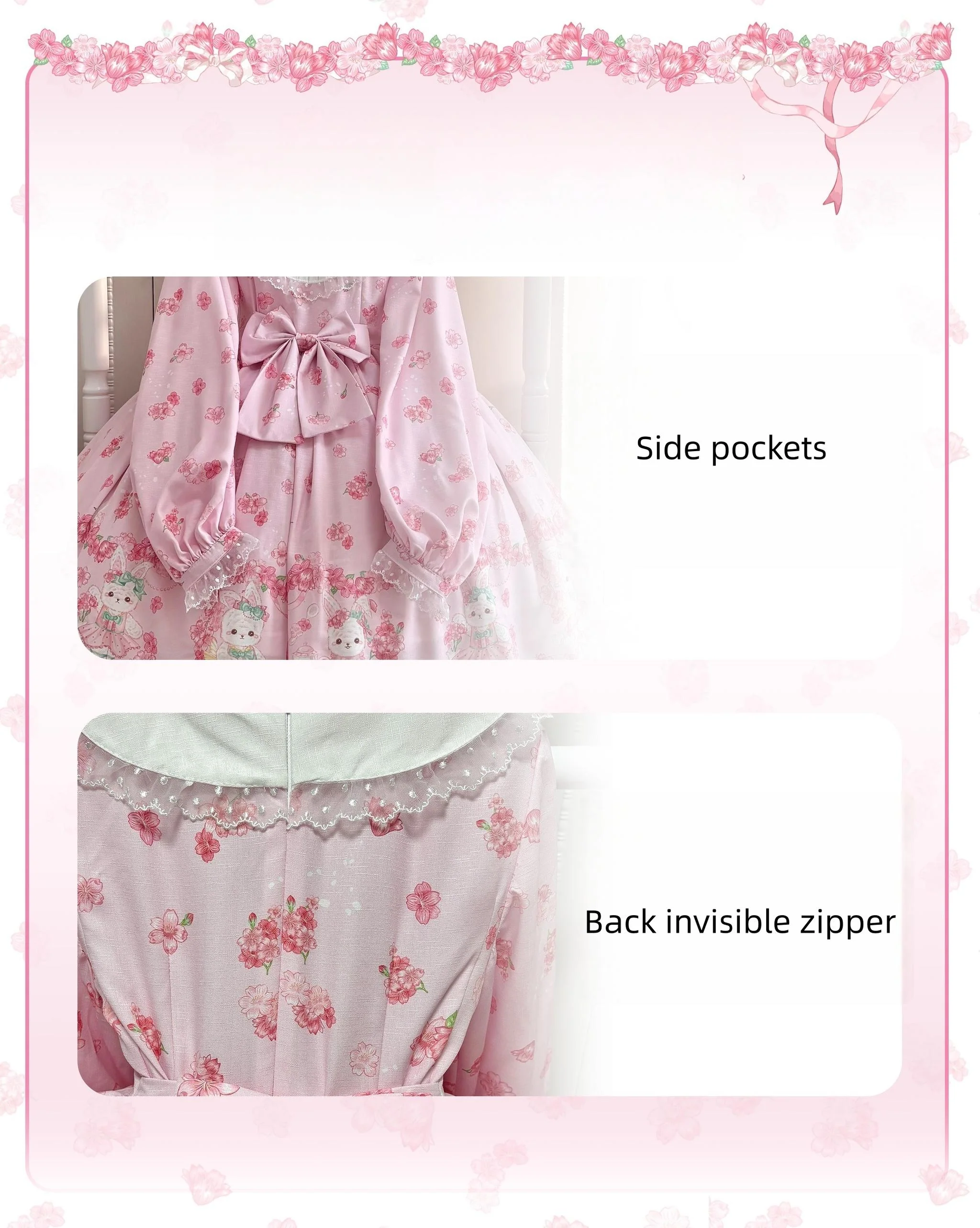 Sakura Bunny - Kawaii Lolita Sakura Print OP Dress, Side Pockets - Image 6