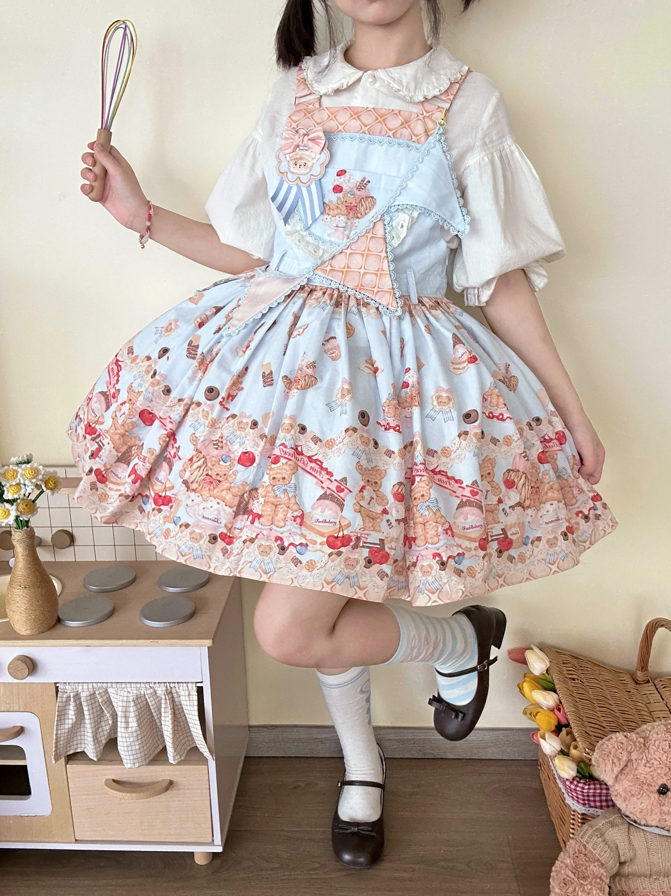 Little Bear Bonny - Kawaii Lolita Salopette, Bear & Dessert Print - Image 11