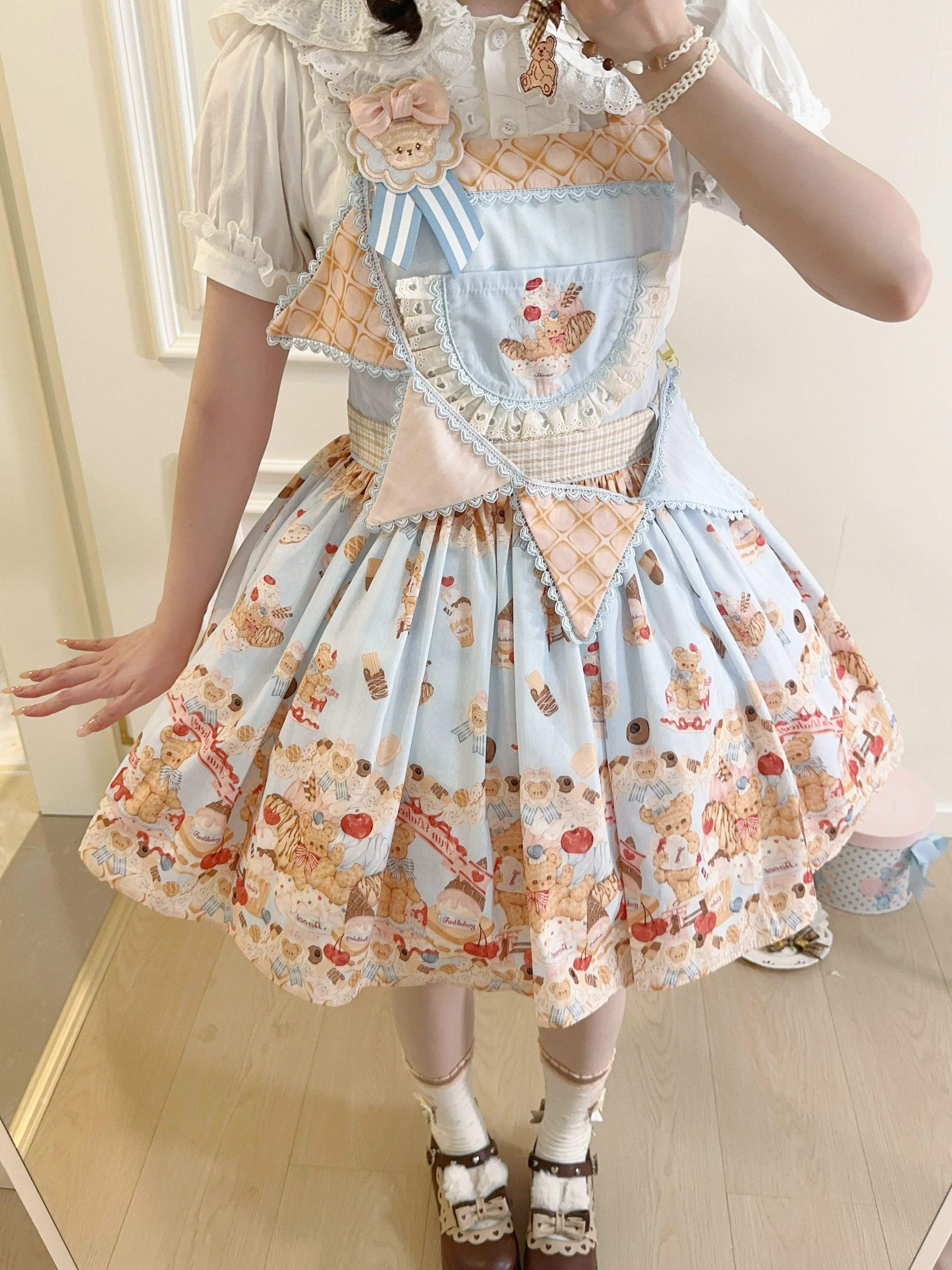 Little Bear Bonny - Kawaii Lolita Salopette, Bear & Dessert Print - Image 12