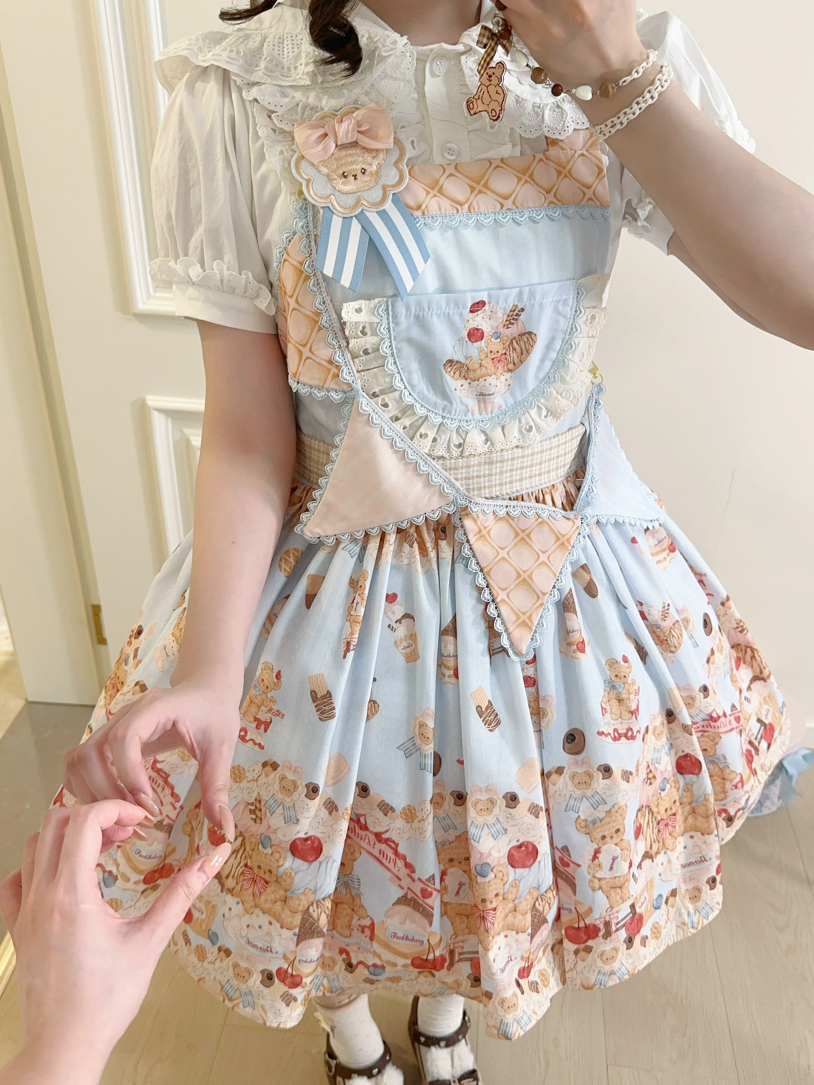 Little Bear Bonny - Kawaii Lolita Salopette, Bear & Dessert Print - Image 13