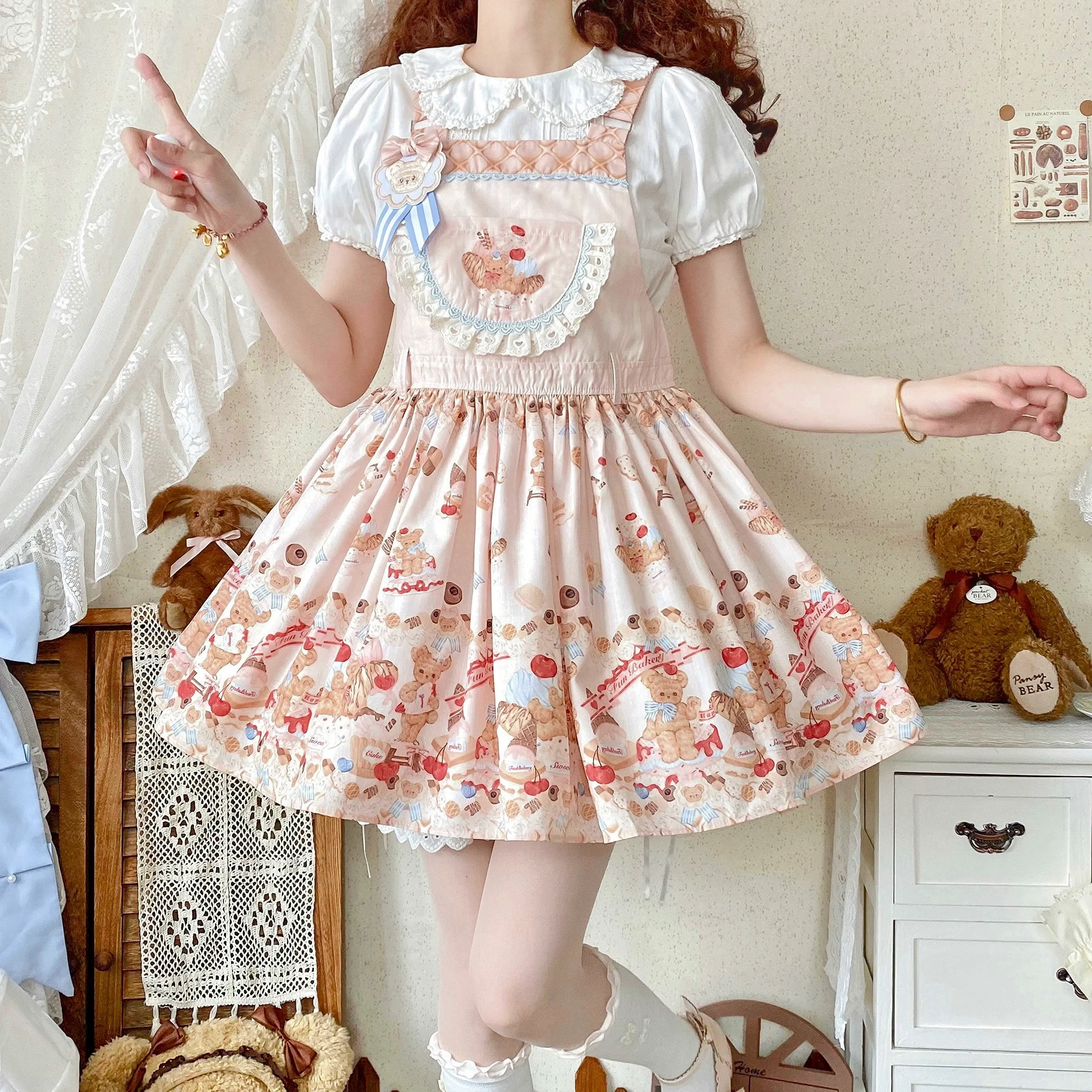 Little Bear Bonny - Kawaii Lolita Salopette, Bear & Dessert Print - Image 14