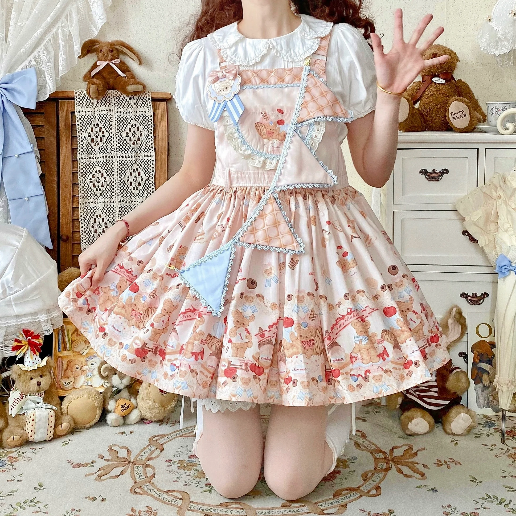 Little Bear Bonny - Kawaii Lolita Salopette, Bear & Dessert Print - Image 15