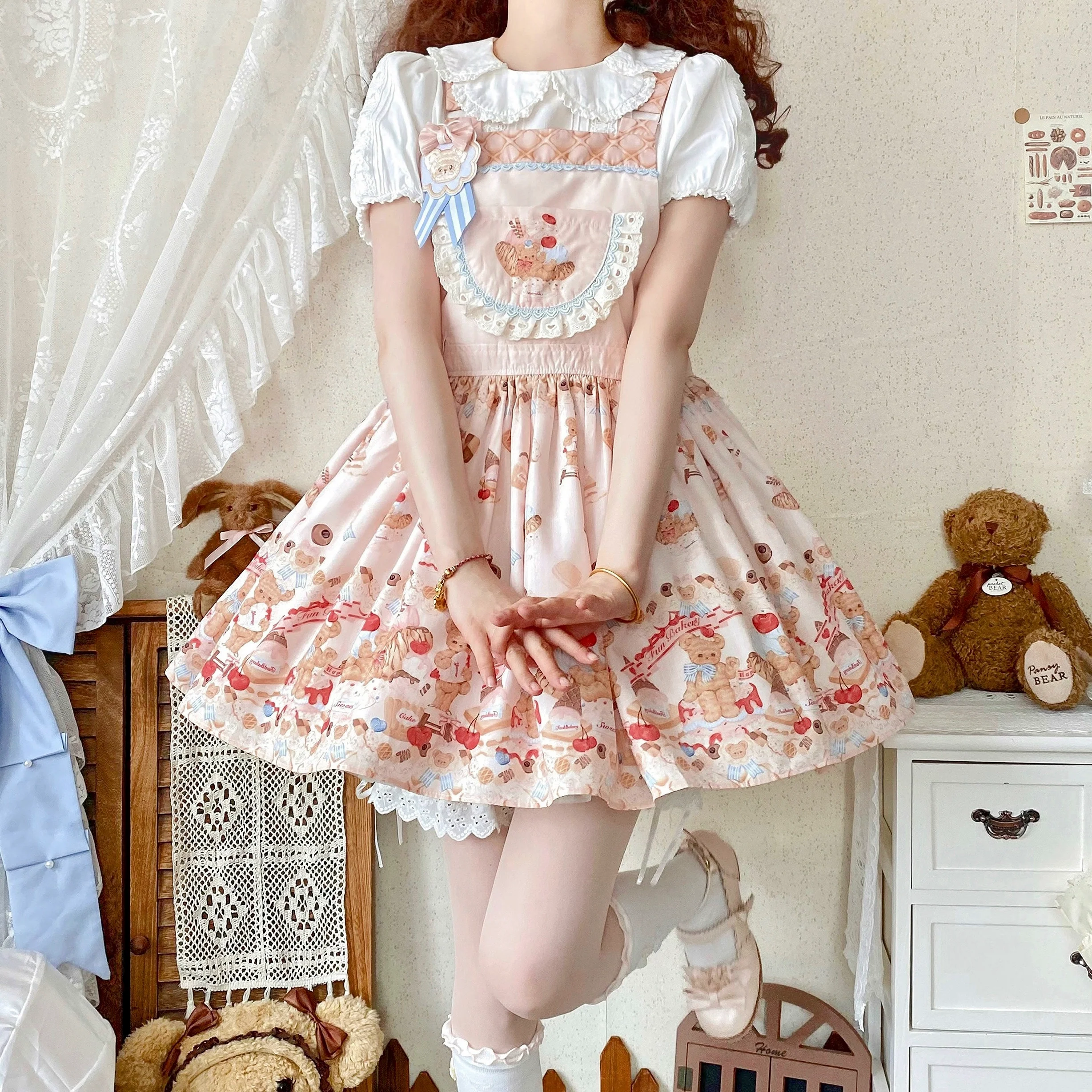 Little Bear Bonny - Kawaii Lolita Salopette, Bear & Dessert Print - Image 16