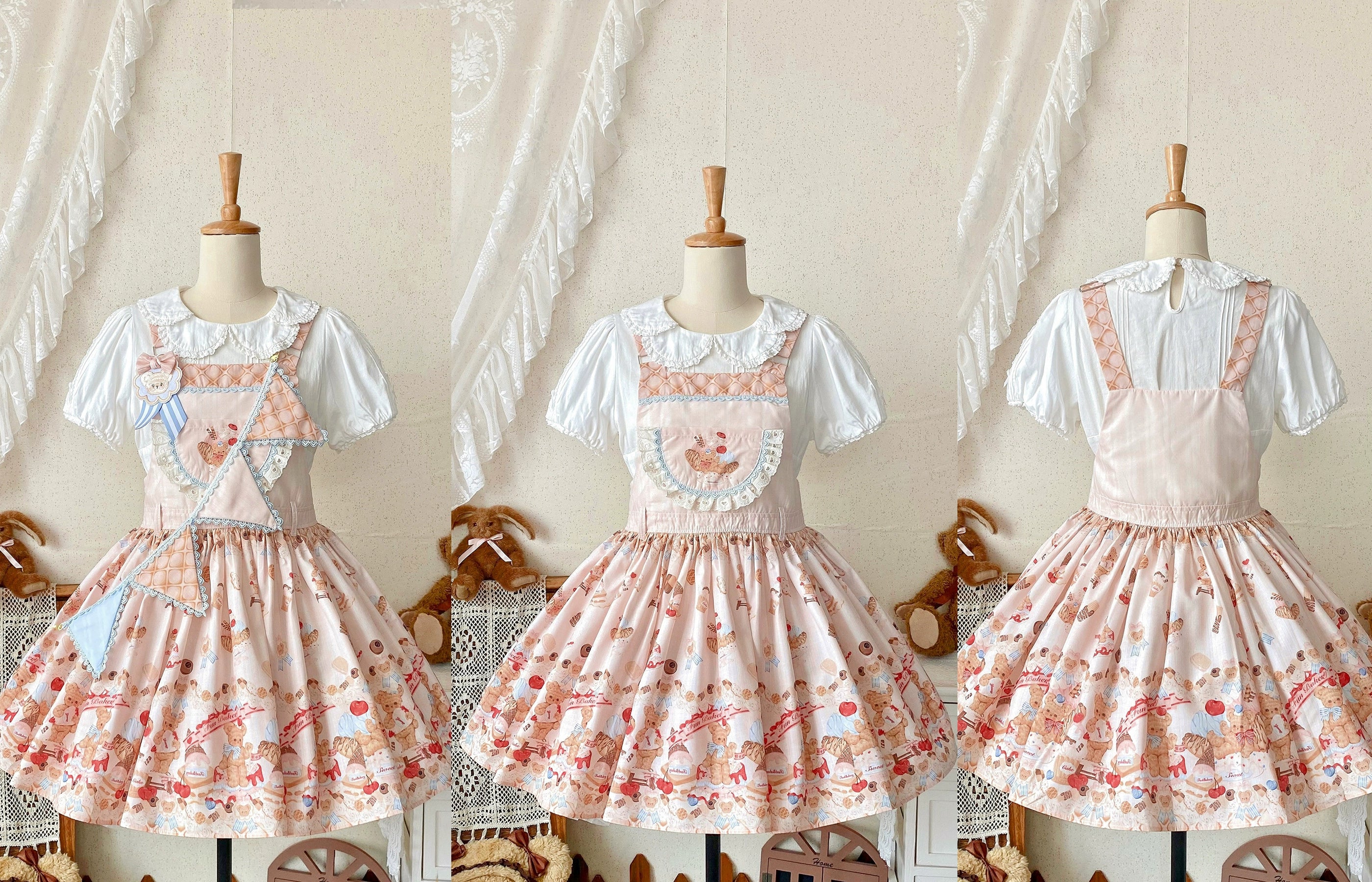 Little Bear Bonny - Kawaii Lolita Salopette, Bear & Dessert Print - Image 19