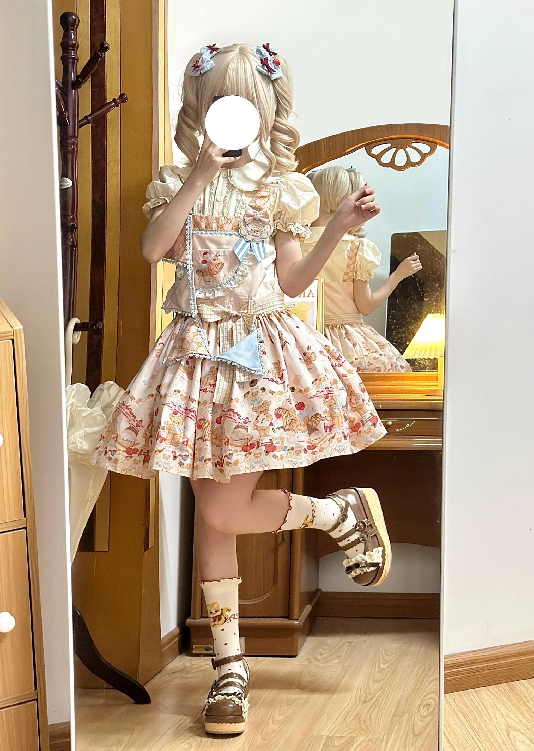 Little Bear Bonny - Kawaii Lolita Salopette, Bear & Dessert Print - Image 3