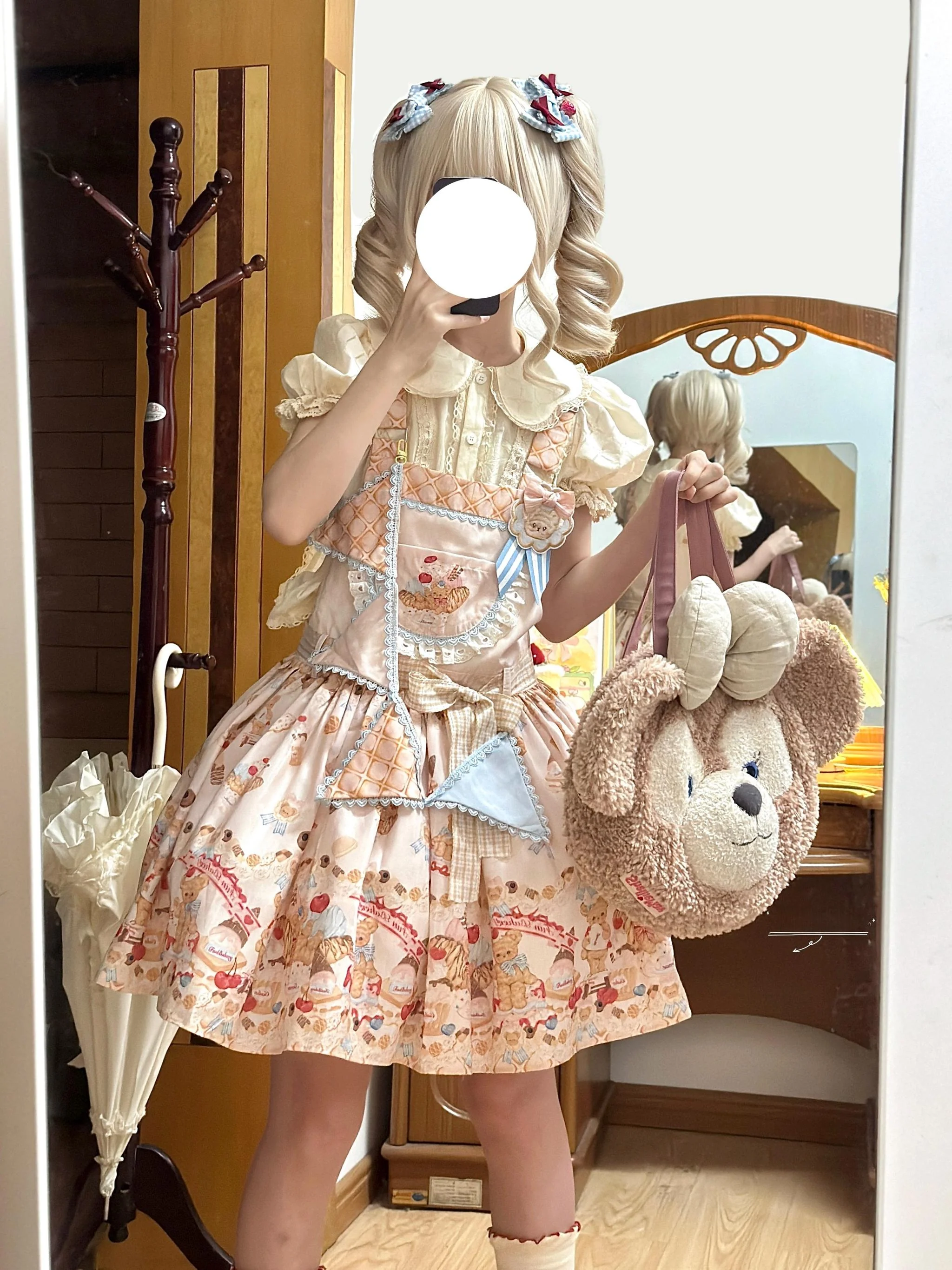 Little Bear Bonny - Kawaii Lolita Salopette, Bear & Dessert Print - Image 4