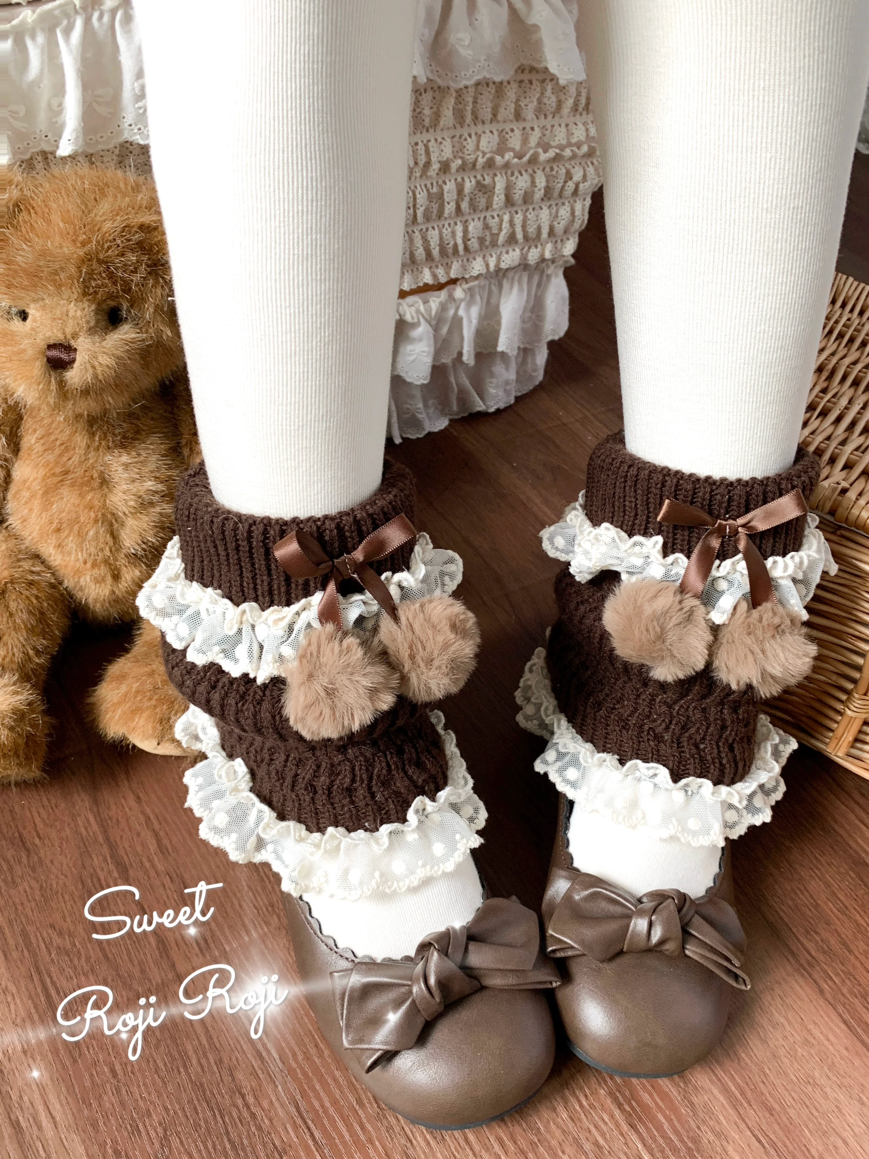 Roji Roji - Kawaii Lolita Wool Leg Warmers, Pom-Pom Accented Bow - Image 12