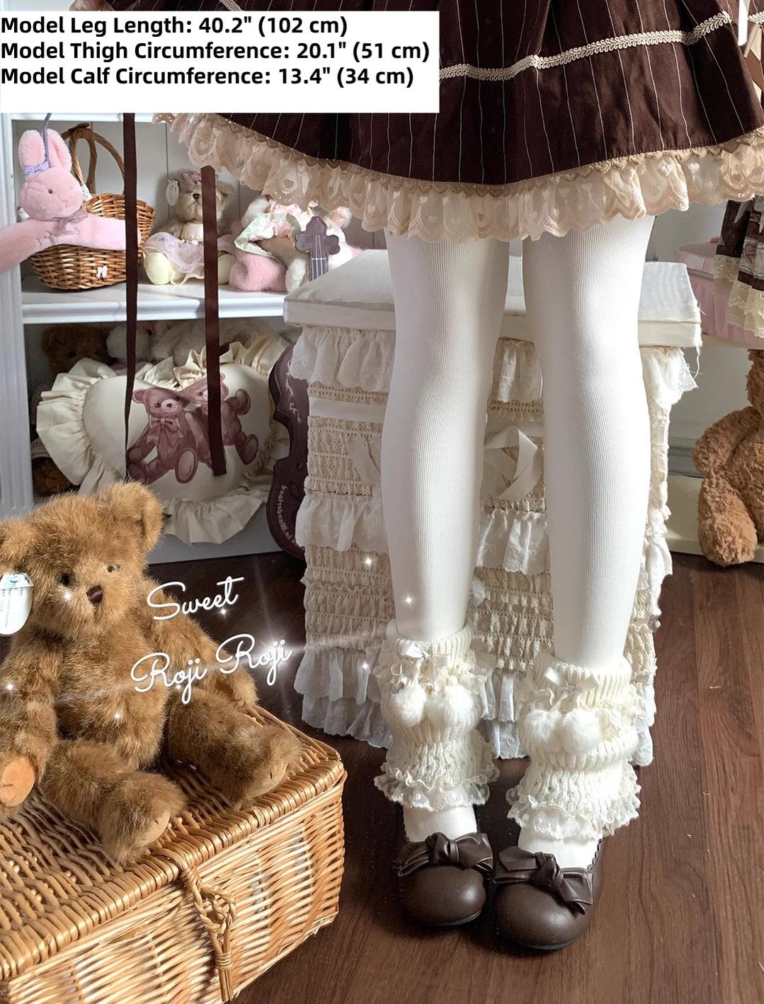 Roji Roji - Kawaii Lolita Wool Leg Warmers, Pom-Pom Accented Bow - Image 4