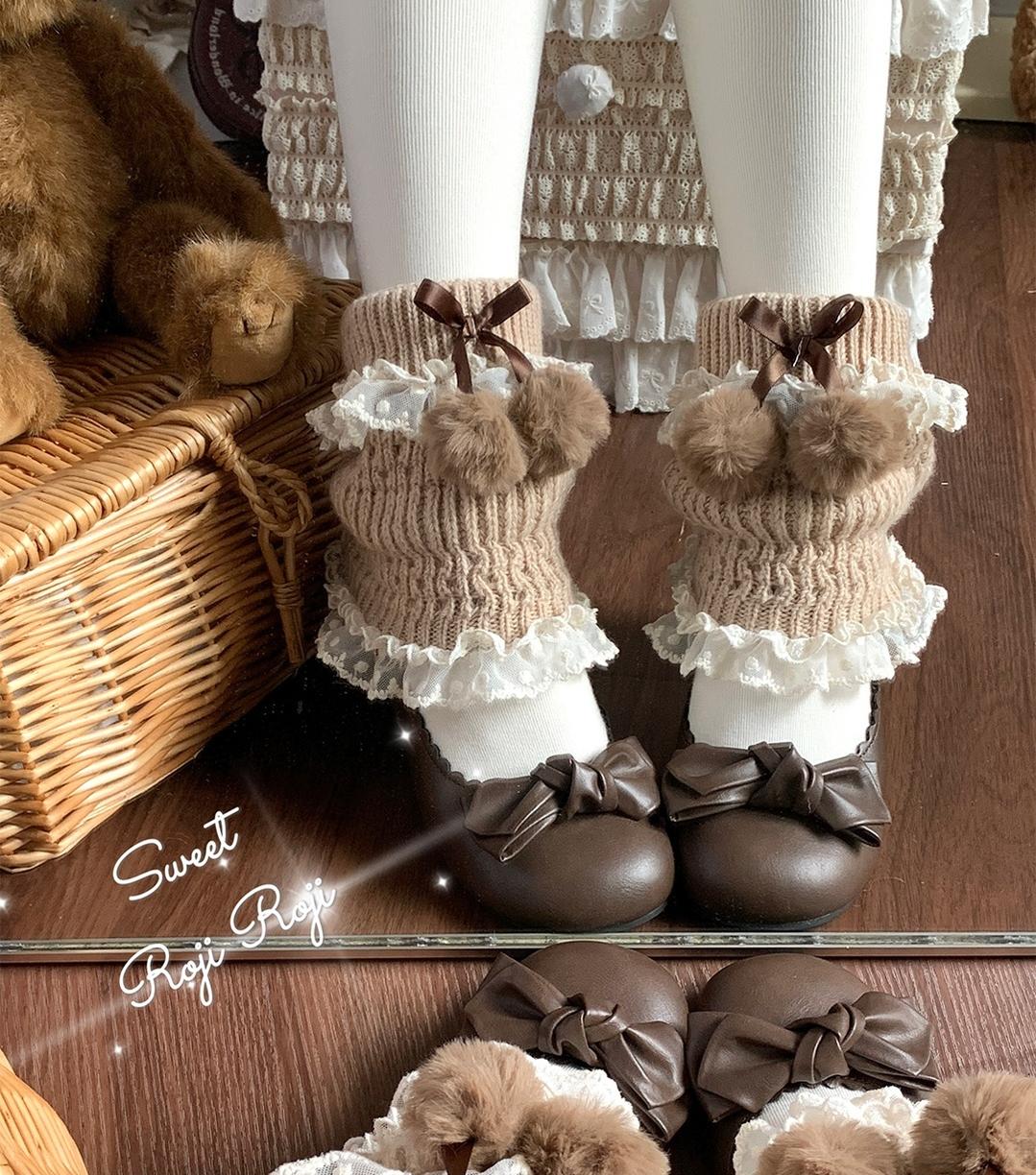 Roji Roji - Kawaii Lolita Wool Leg Warmers, Pom-Pom Accented Bow - Image 8