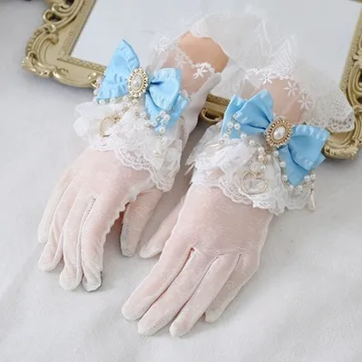 Xiaogui - Vintage Lolita Gloves Lace Bow Bead Chain Sunscreen Gloves - Image 11