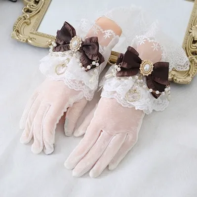 Xiaogui - Vintage Lolita Gloves Lace Bow Bead Chain Sunscreen Gloves - Image 12