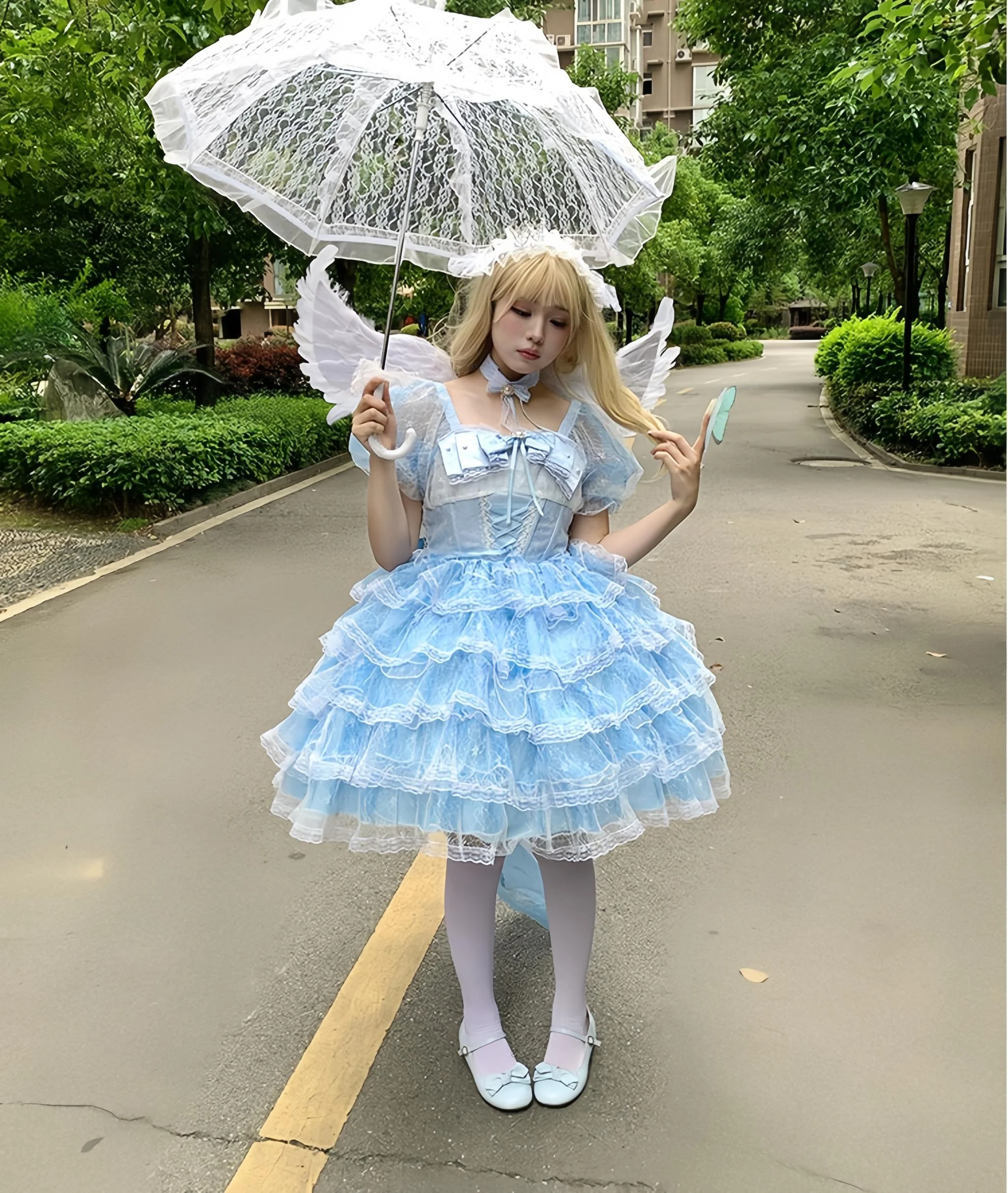 Daydream Whisper - Shisan District - Wedding Lolita OP Suit with Angel Demon Wings - Image 4