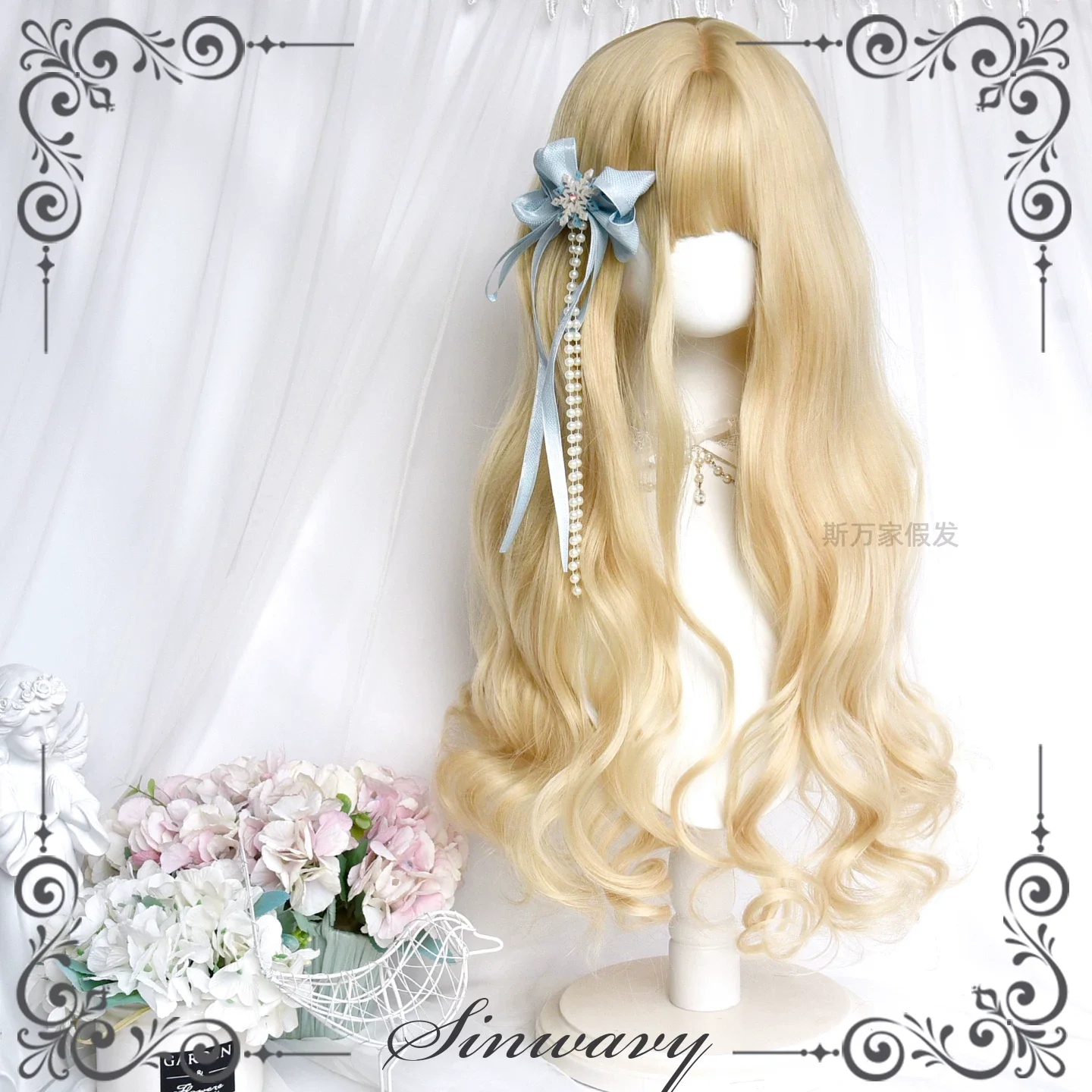 Light Blone Wavy Lolita Wig, Straight Bang - Image 3