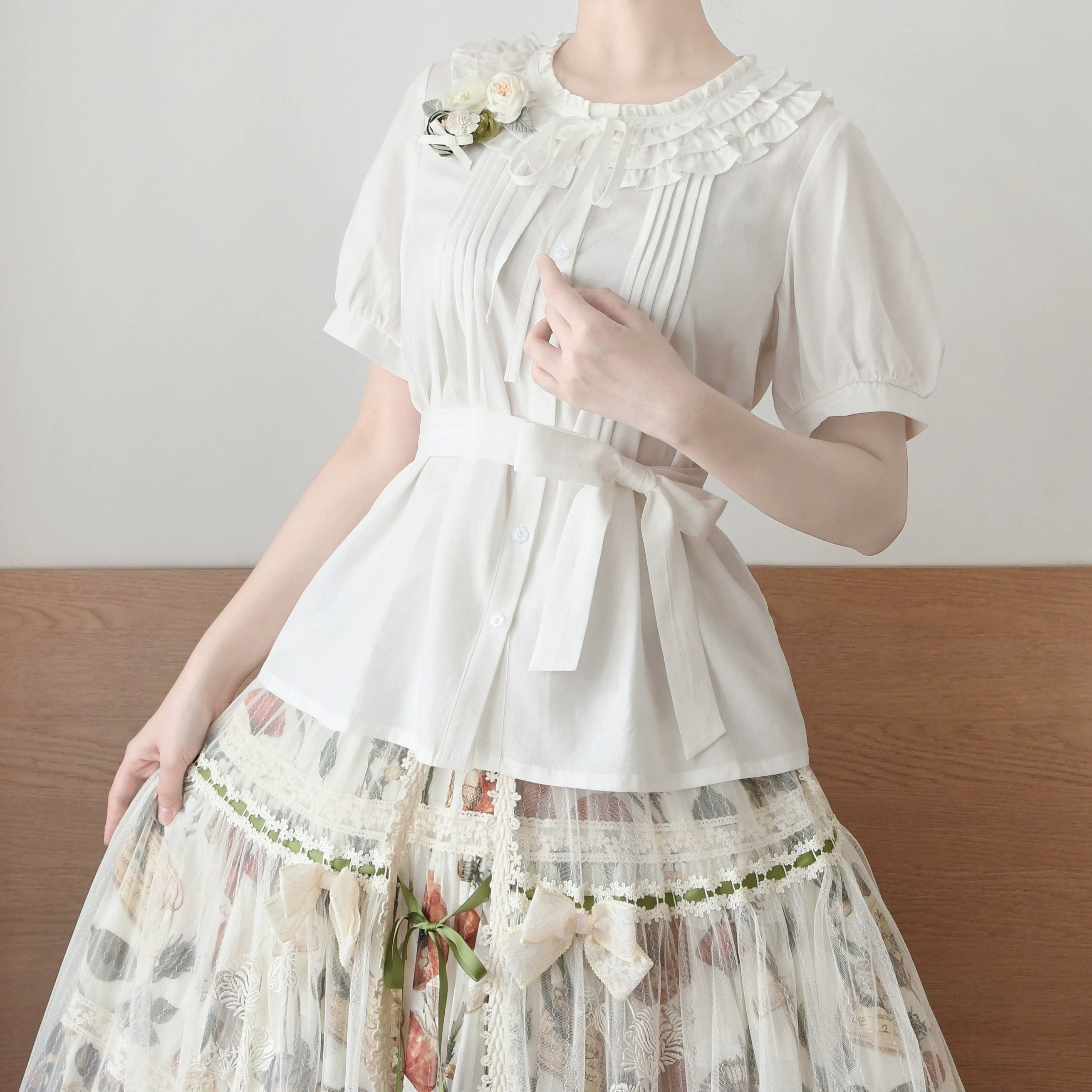 Vernal Stream - Lightweight Kawaii Lolita Blouse, Detachable Waist Tie - Image 14