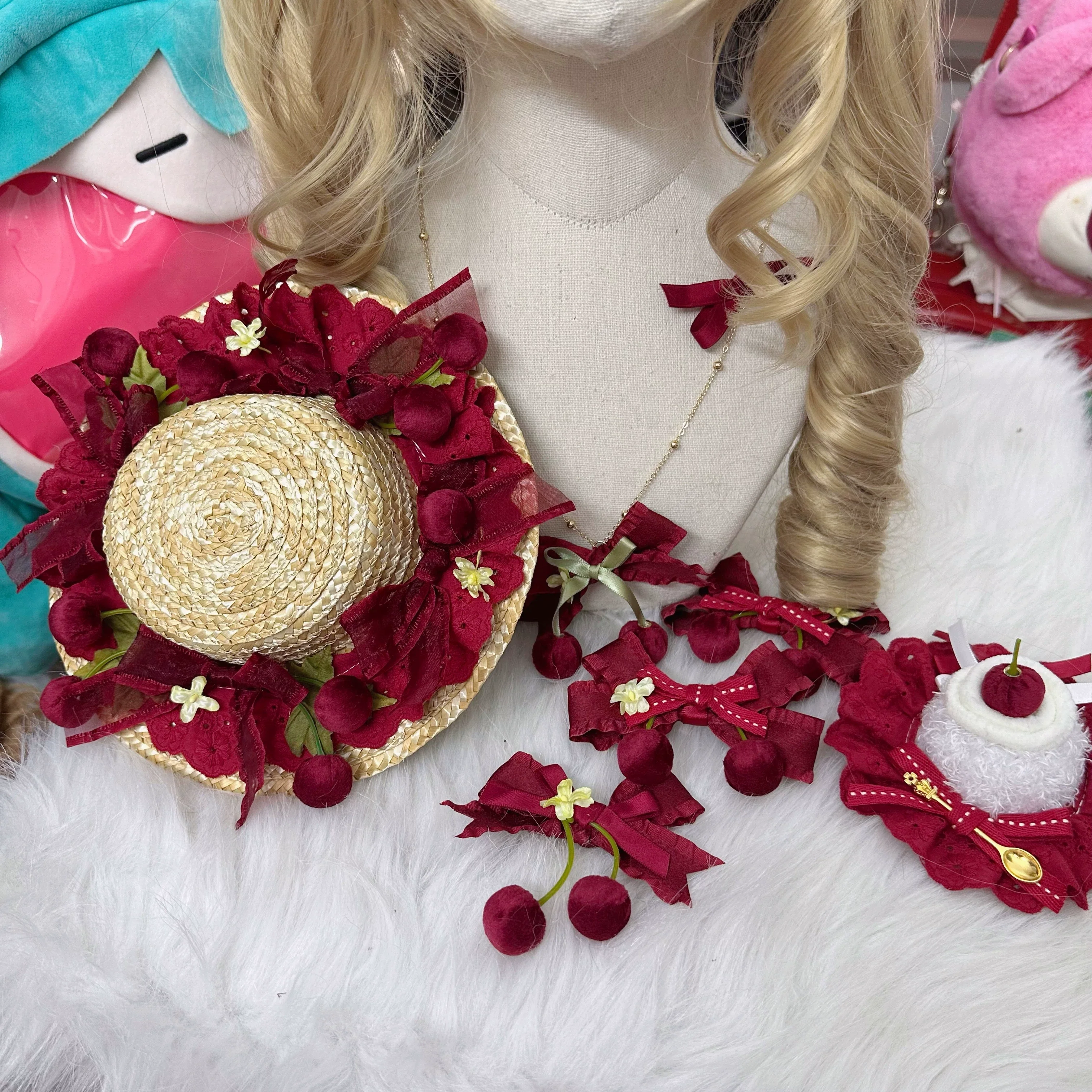 Sweet Lolita Headdress Cherry Hair Clip Straw Hat Necklace Handmade Set - Image 12