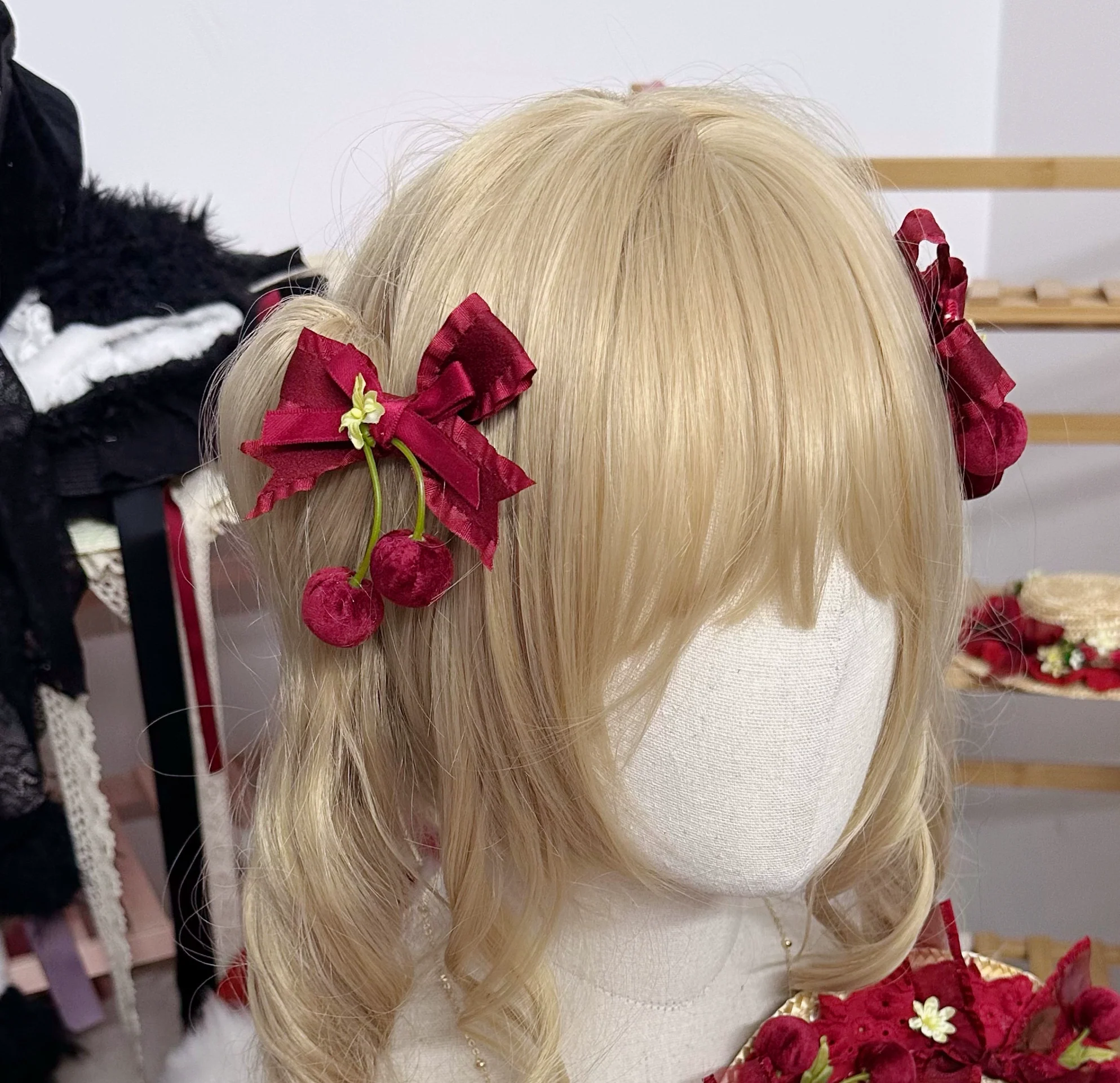 Sweet Lolita Headdress Cherry Hair Clip Straw Hat Necklace Handmade Set - Image 27