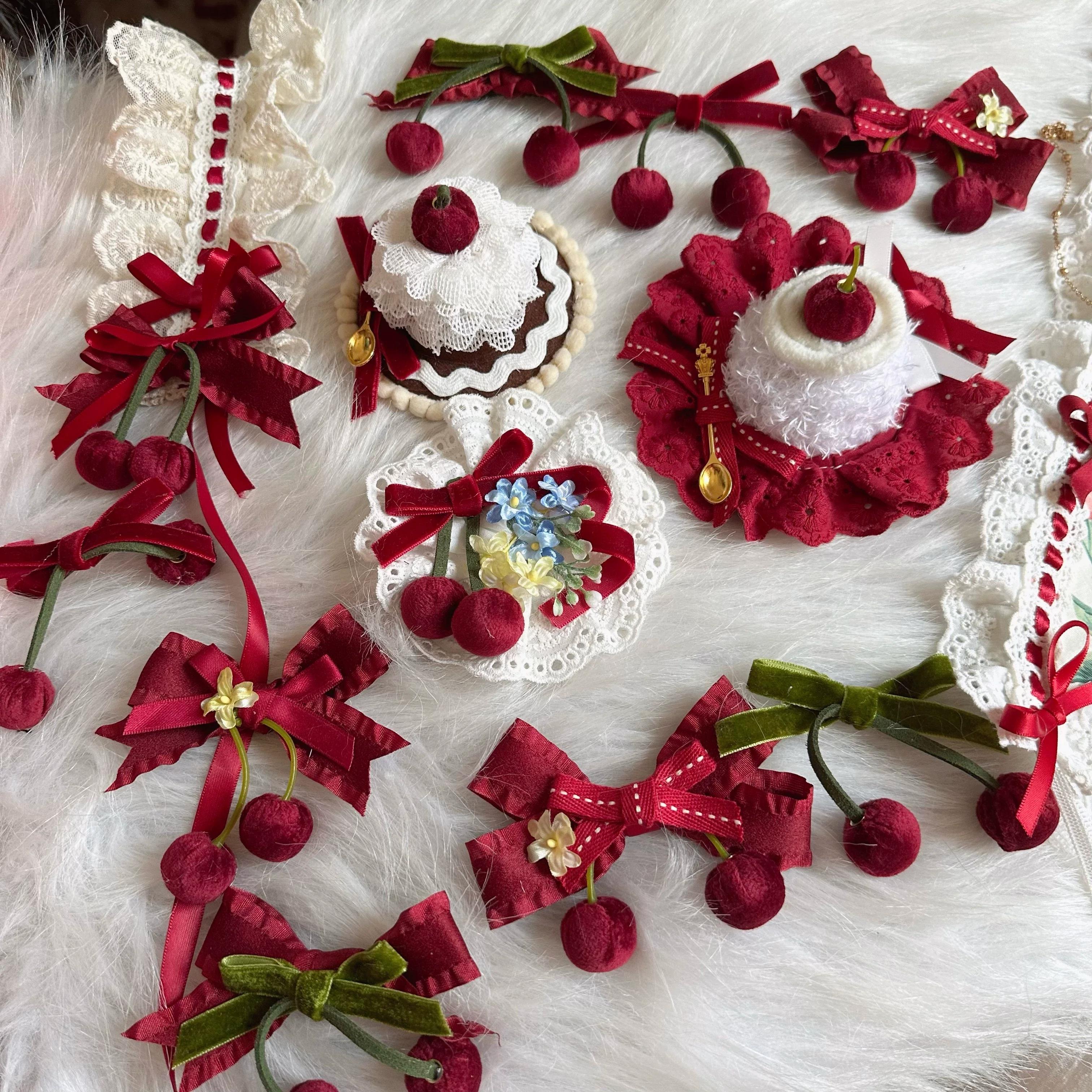 Sweet Lolita Headdress Cherry Hair Clip Straw Hat Necklace Handmade Set - Image 3