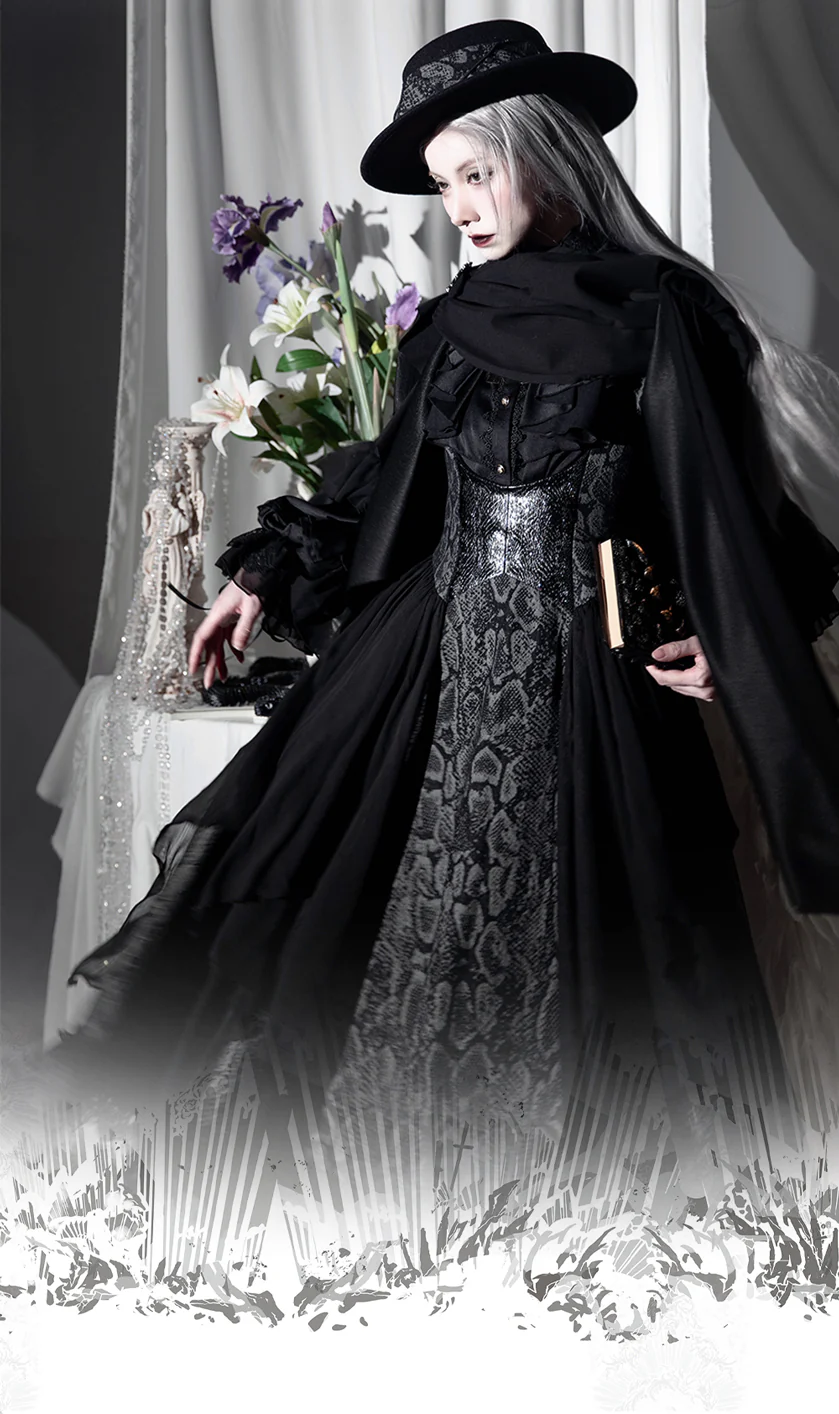 Dragon Bone Cemetery - Gothic Lolita JSK Set with Dragon and Snake Skeleton Embroidery - Image 11
