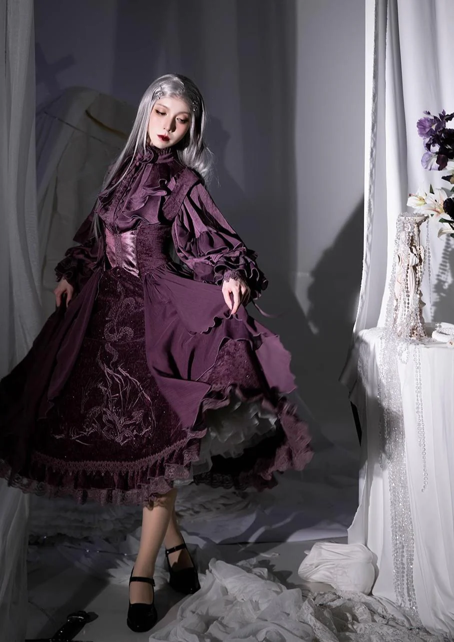 Dragon Bone Cemetery - Gothic Lolita JSK Set with Dragon and Snake Skeleton Embroidery - Image 6