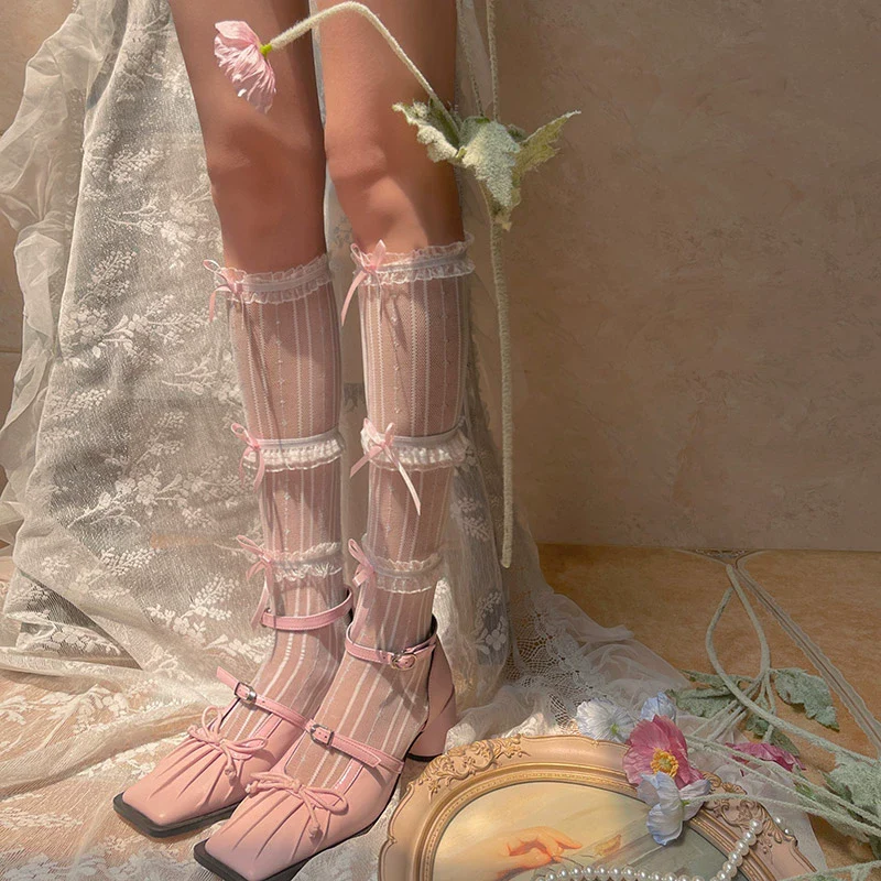 Sweet Lolita Mid-Calf Socks 3-Layer Lace Mesh Fairy Thin Socks
