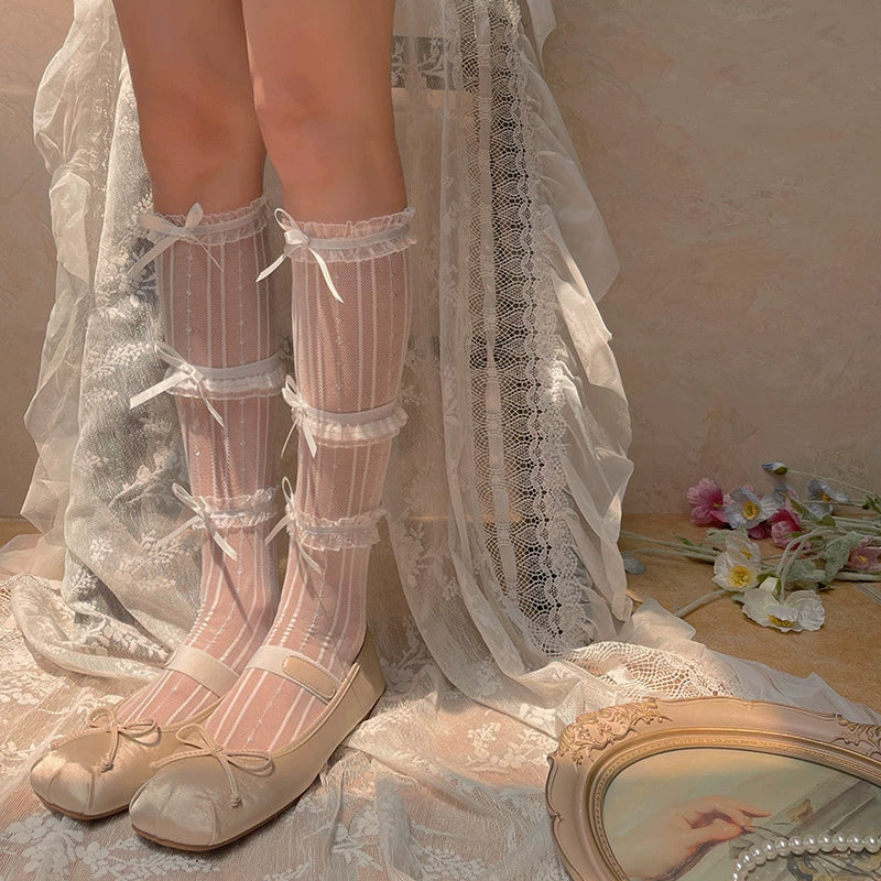 Sweet Lolita Mid-Calf Socks 3-Layer Lace Mesh Fairy Thin Socks - Image 4