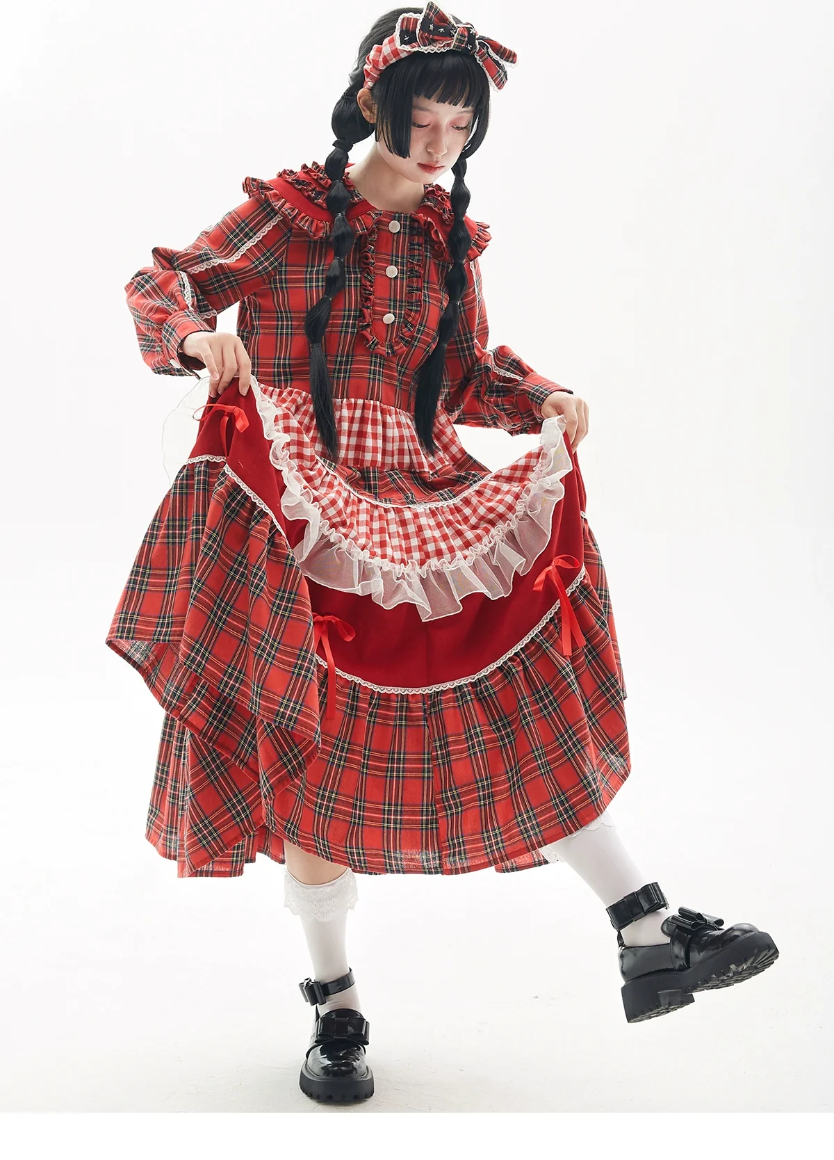 SOS MEME CLUB - Vintage Lolita OP Dress Red Lolita Plaid Dress for Spring Summer - Image 2