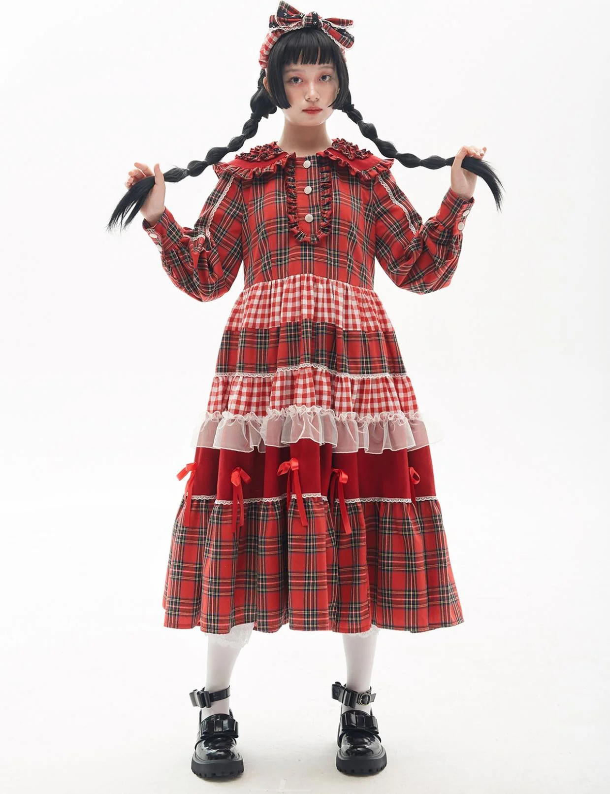 SOS MEME CLUB - Vintage Lolita OP Dress Red Lolita Plaid Dress for Spring Summer - Image 3