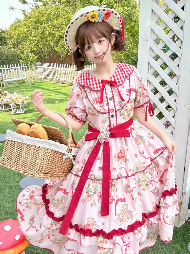 Qianmu - The Bear's Strawberry Field - Daily Lolita OP Dress With Petal Collar & Bear Strawberry Print - Image 10