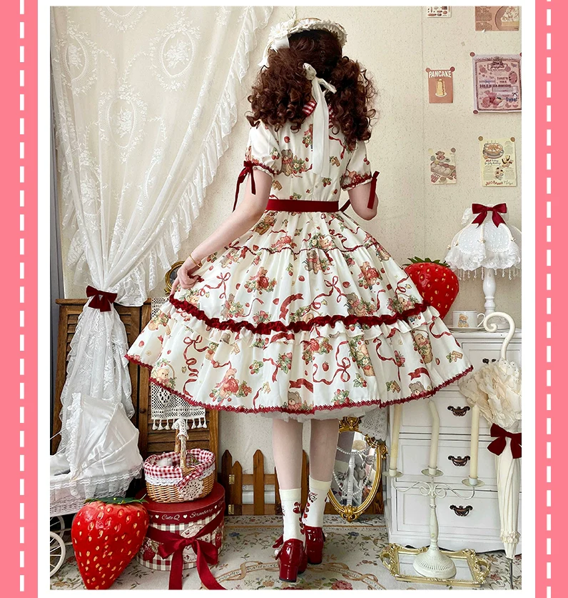 Qianmu - The Bear's Strawberry Field - Daily Lolita OP Dress With Petal Collar & Bear Strawberry Print - Image 13