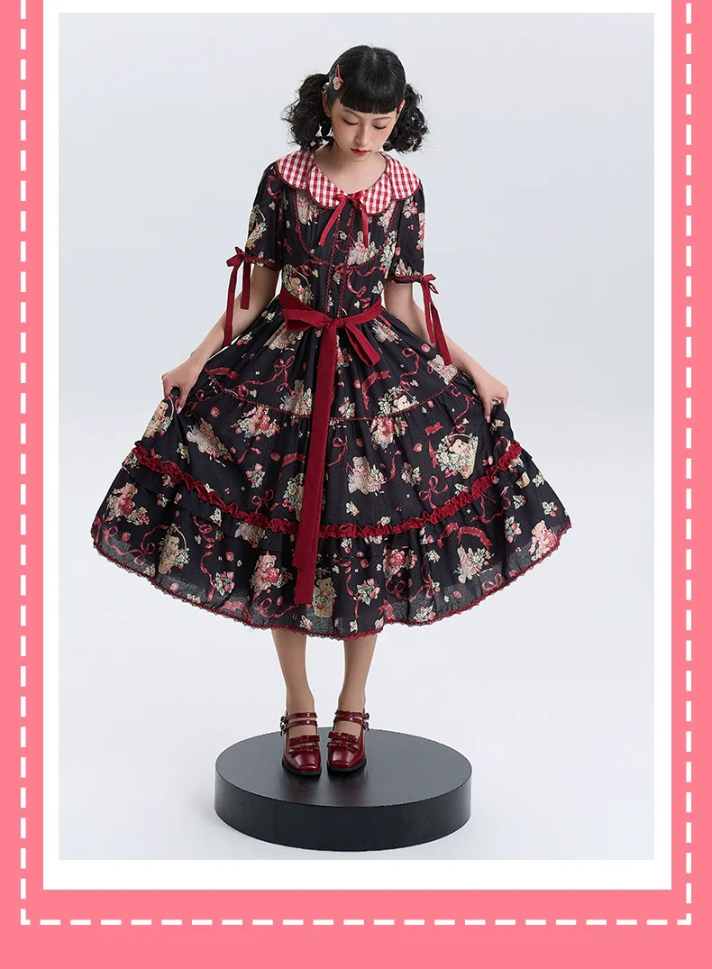 Qianmu - The Bear's Strawberry Field - Daily Lolita OP Dress With Petal Collar & Bear Strawberry Print - Image 14