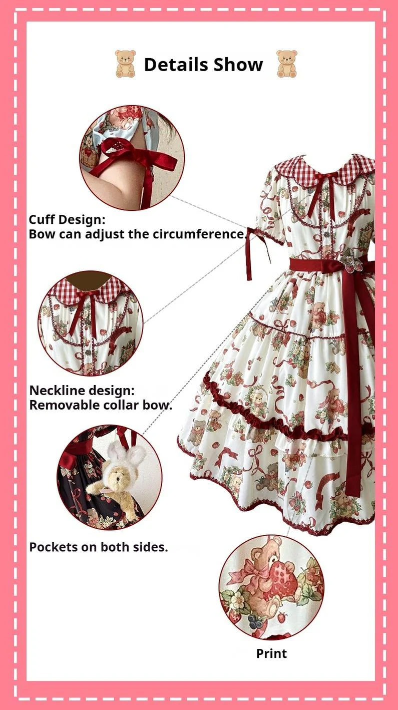 Qianmu - The Bear's Strawberry Field - Daily Lolita OP Dress With Petal Collar & Bear Strawberry Print - Image 19