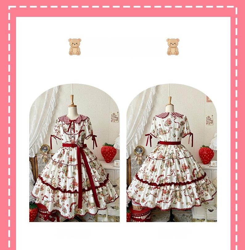 Qianmu - The Bear's Strawberry Field - Daily Lolita OP Dress With Petal Collar & Bear Strawberry Print - Image 20