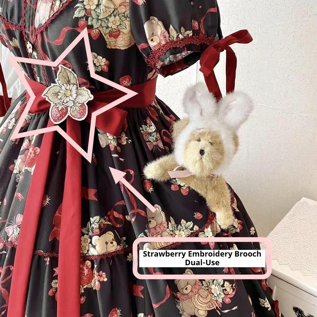 Qianmu - The Bear's Strawberry Field - Daily Lolita OP Dress With Petal Collar & Bear Strawberry Print - Image 21